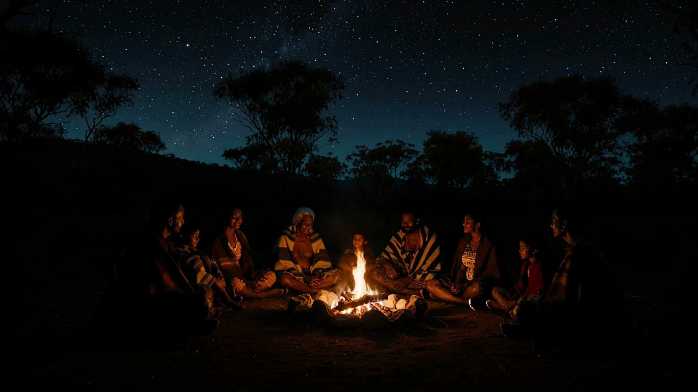 Contes de famille au feu de camp sous les étoiles — AI video creation