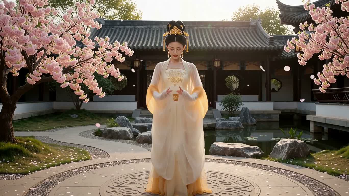 樱花庭院中的绸袖仙舞 — AI video creation