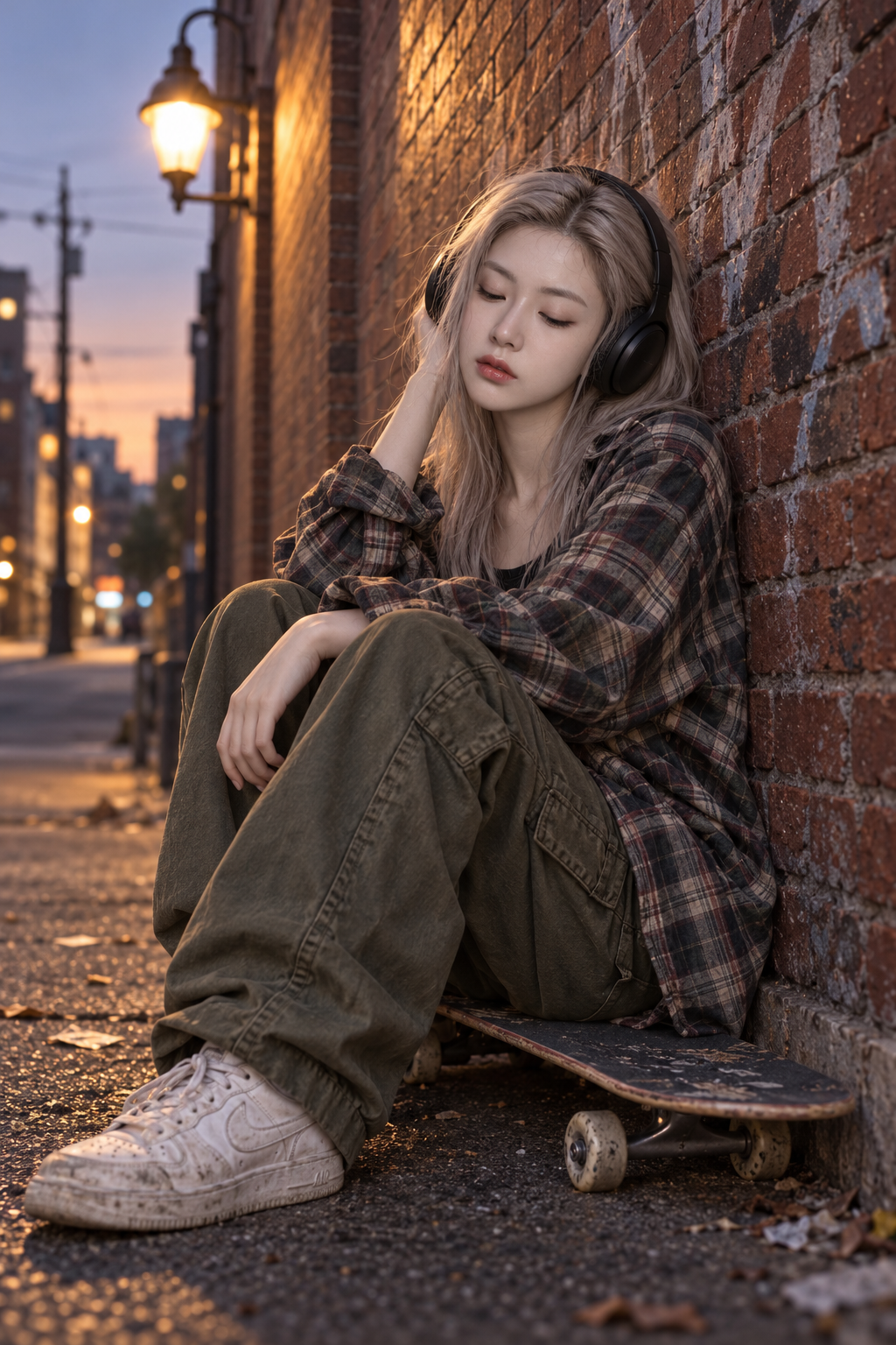 黄昏涂鸦砖墙旁的银金发滑板女子