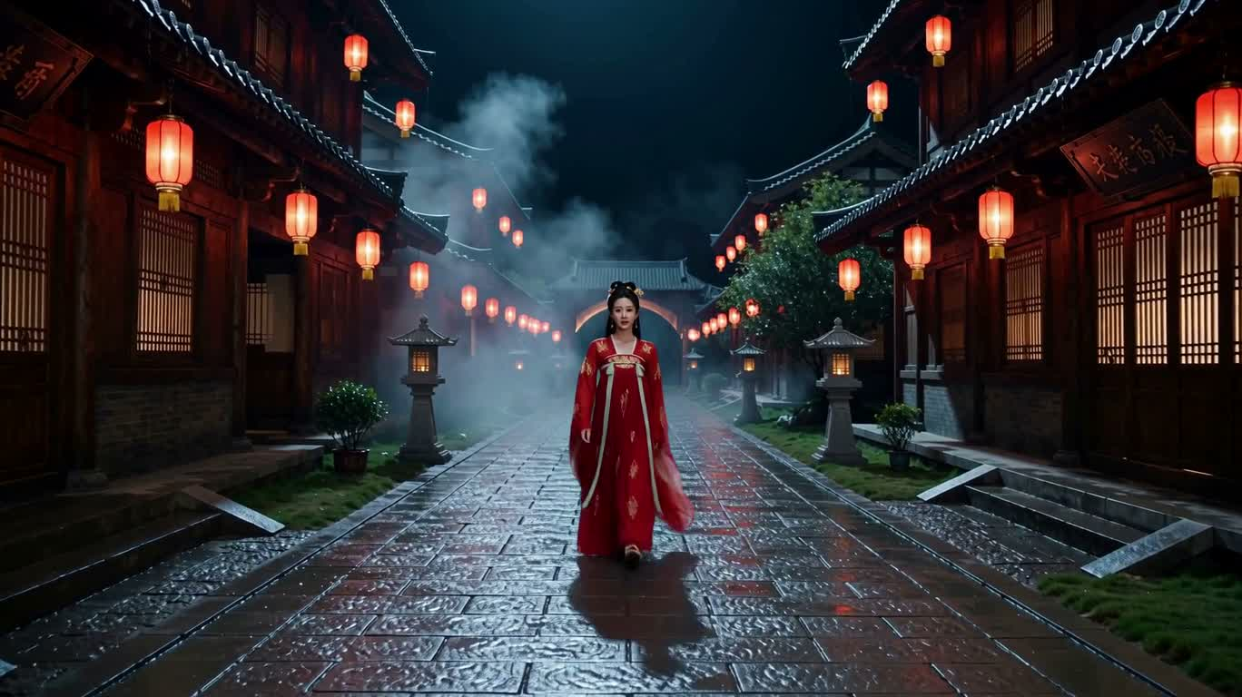 红衣侠女夜战古镇 — AI video creation