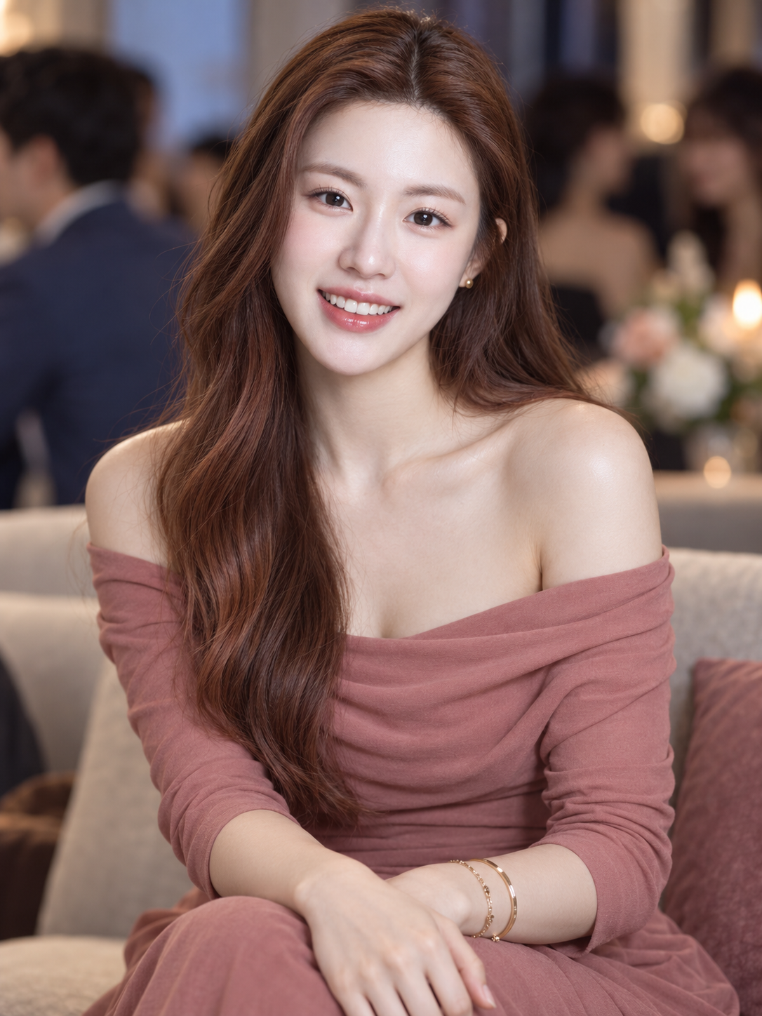 Chân dung cười ngọt ngào trong nhà với váy hồng sương trễ vai