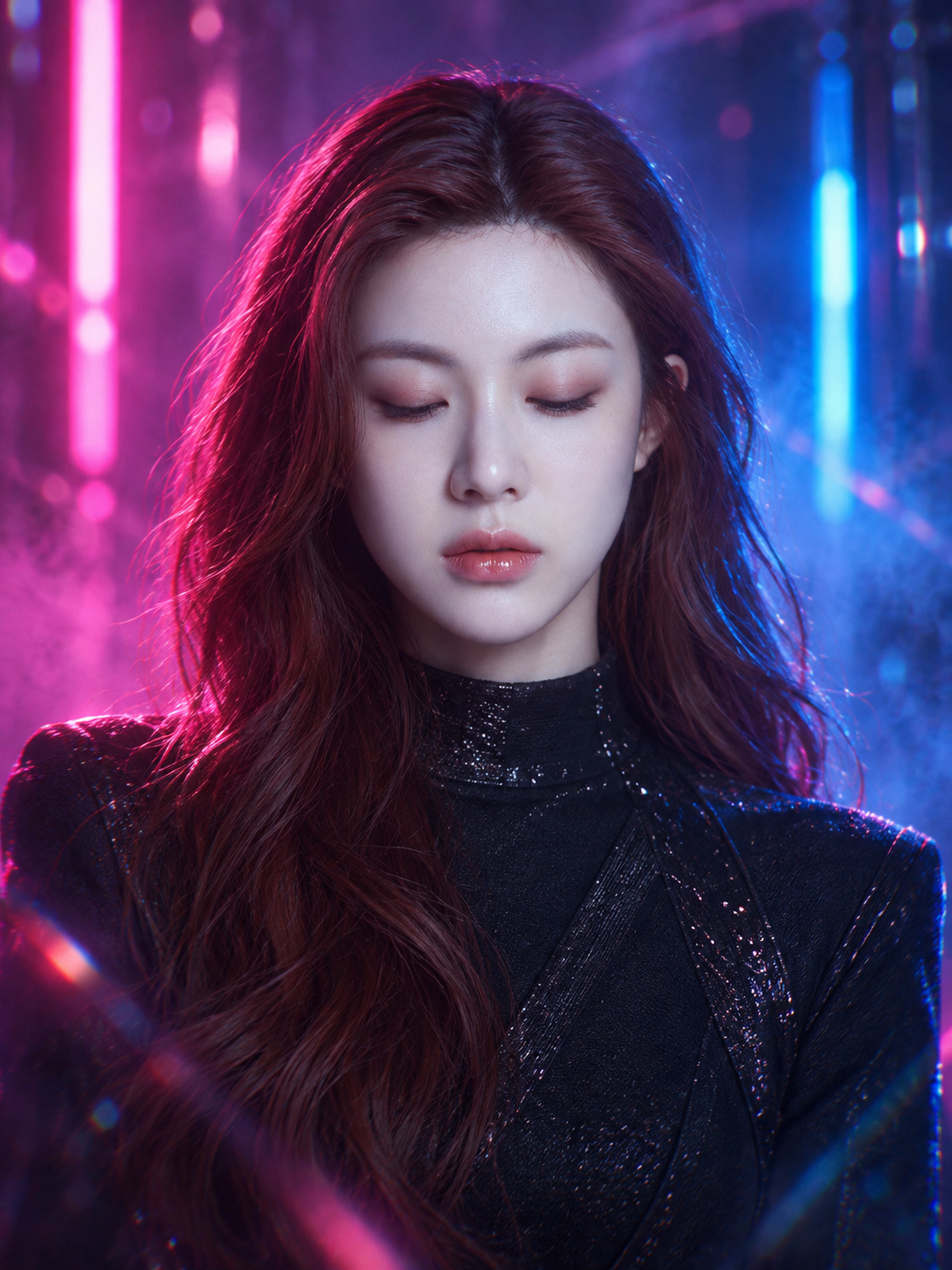 洋红与电蓝霓虹下的红棕发赛博时尚肖像 — AI image creation