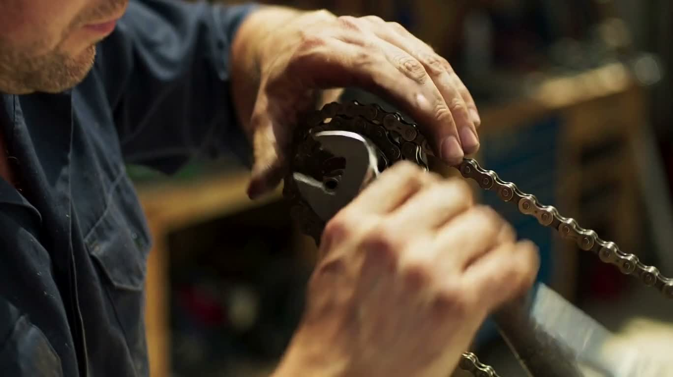 陽射しの工房での自転車修理 — AI video creation