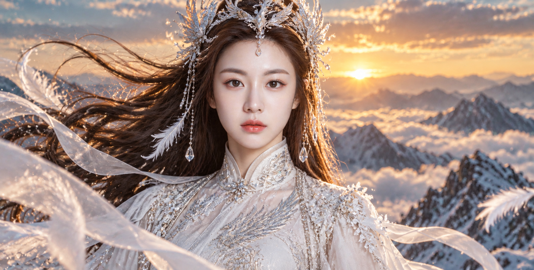 눈 덮인 봉우리의 은빛 봉황 여신 — AI image creation