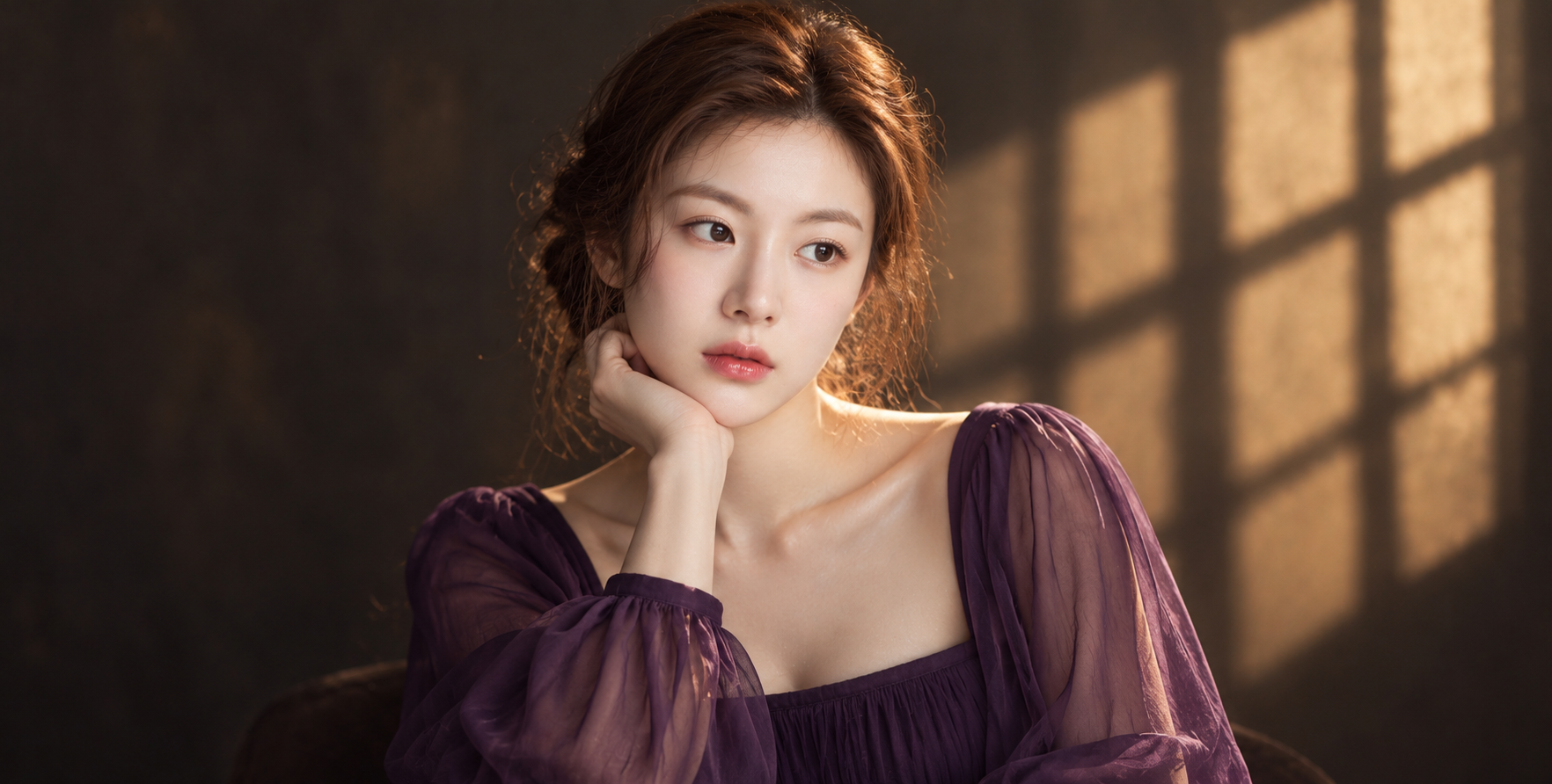电影感东亚成年女性紫色长裙肖像 — AI image creation
