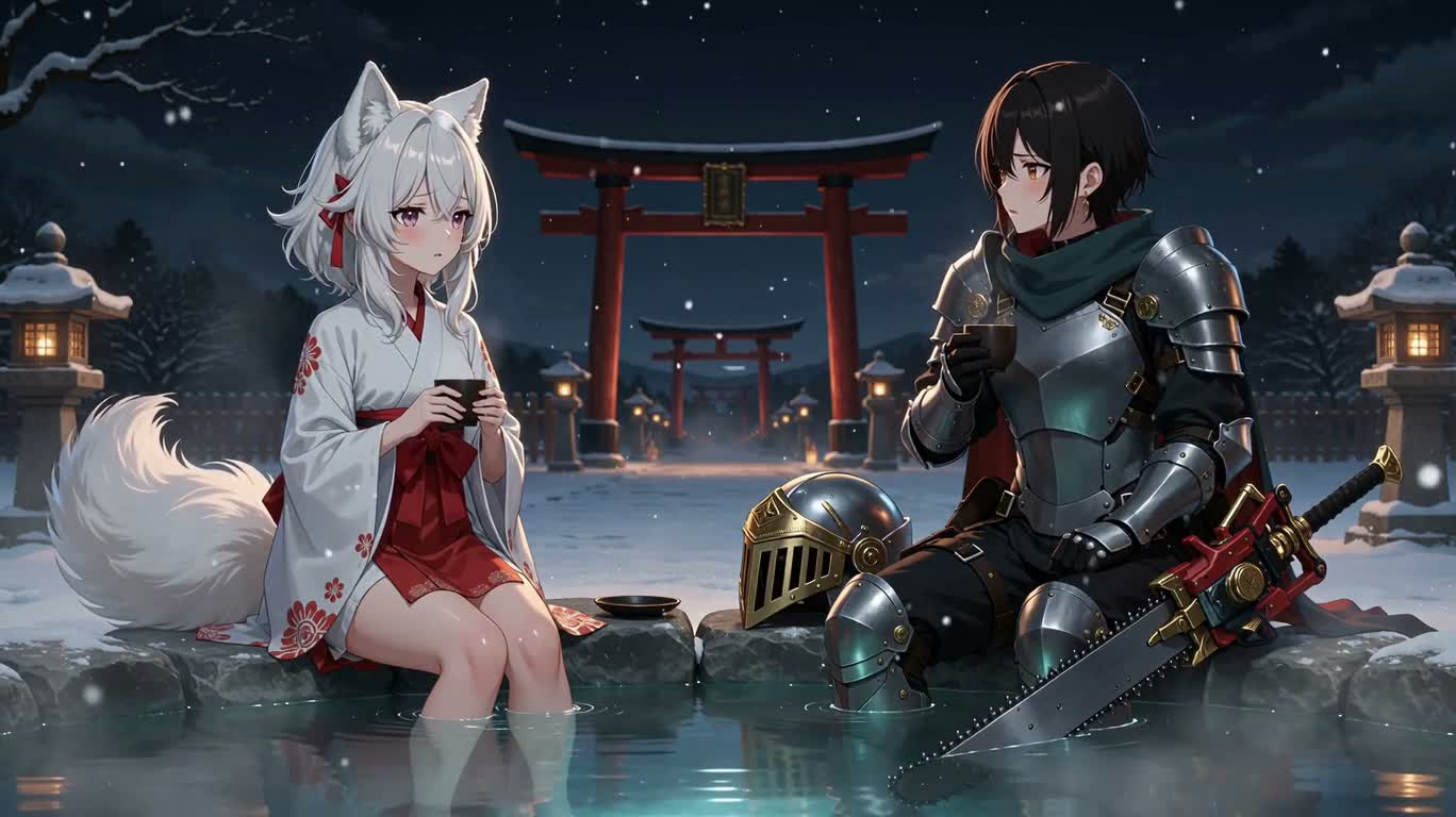雪夜温泉的狐人与猫头鹰骑士 — AI video creation