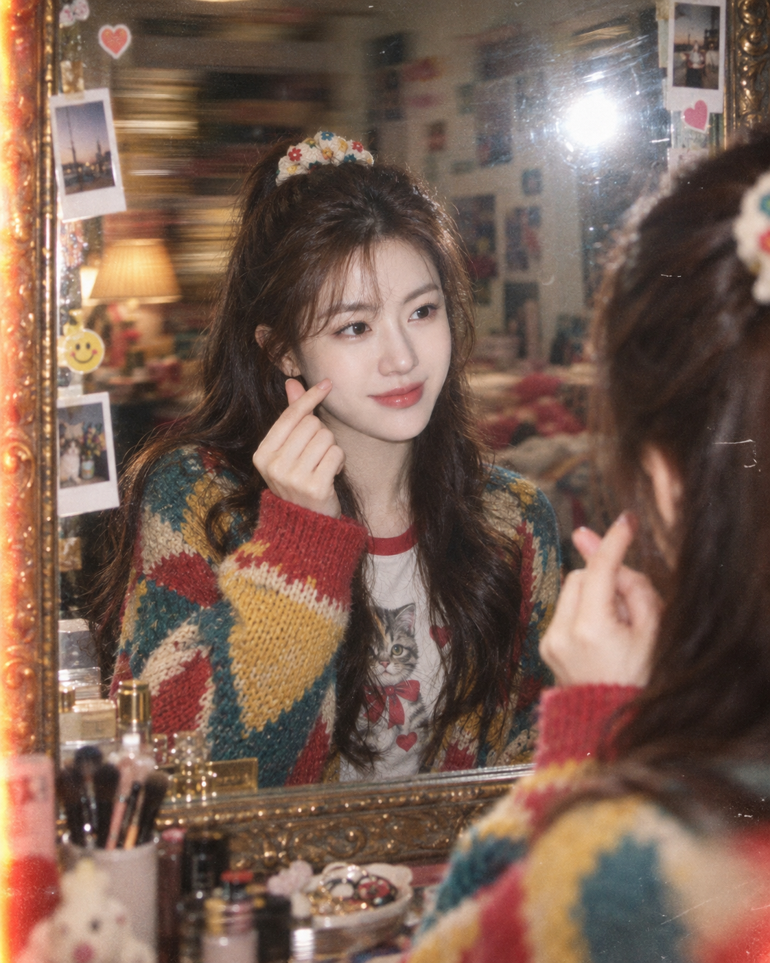 거울 앞 하트 제스처의 빈티지 플래시 필름 인물사진