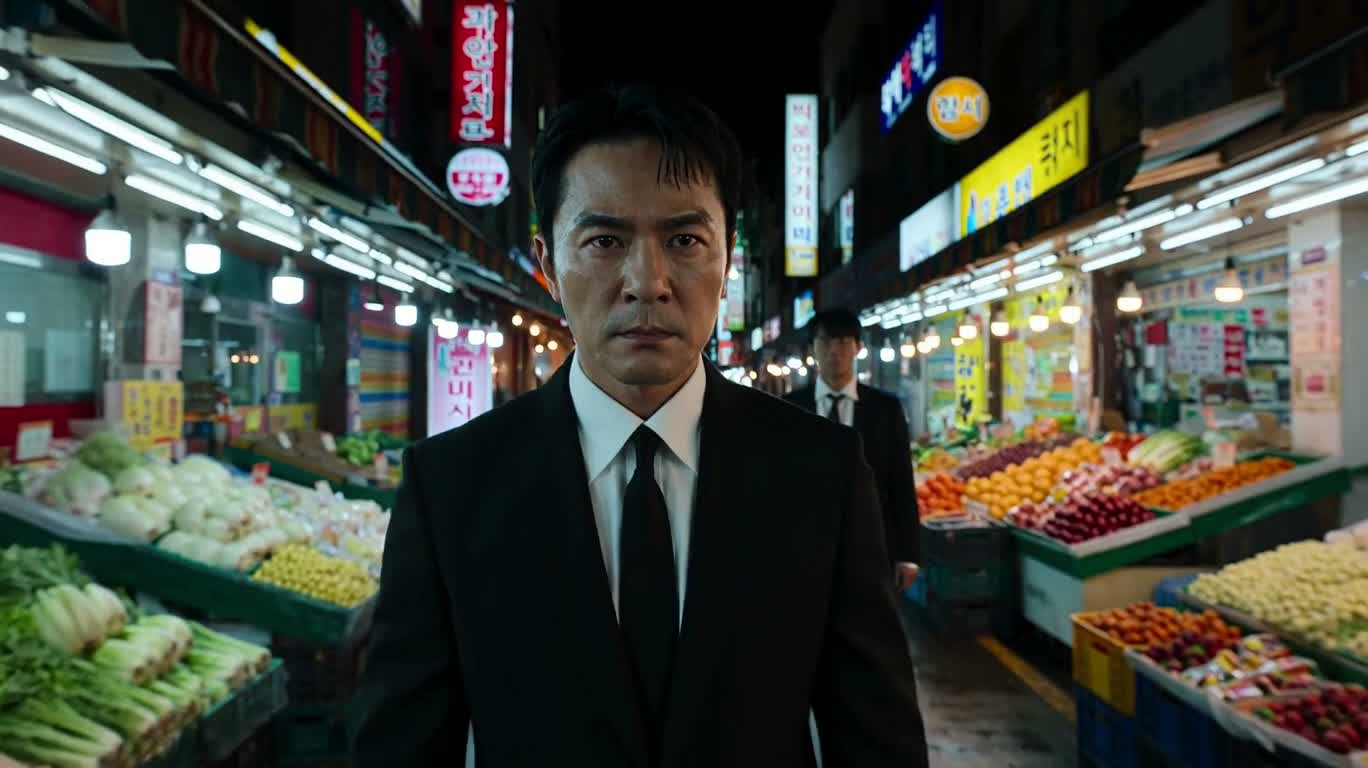 야시장 과일 가판대의 빠른 주먹 공방