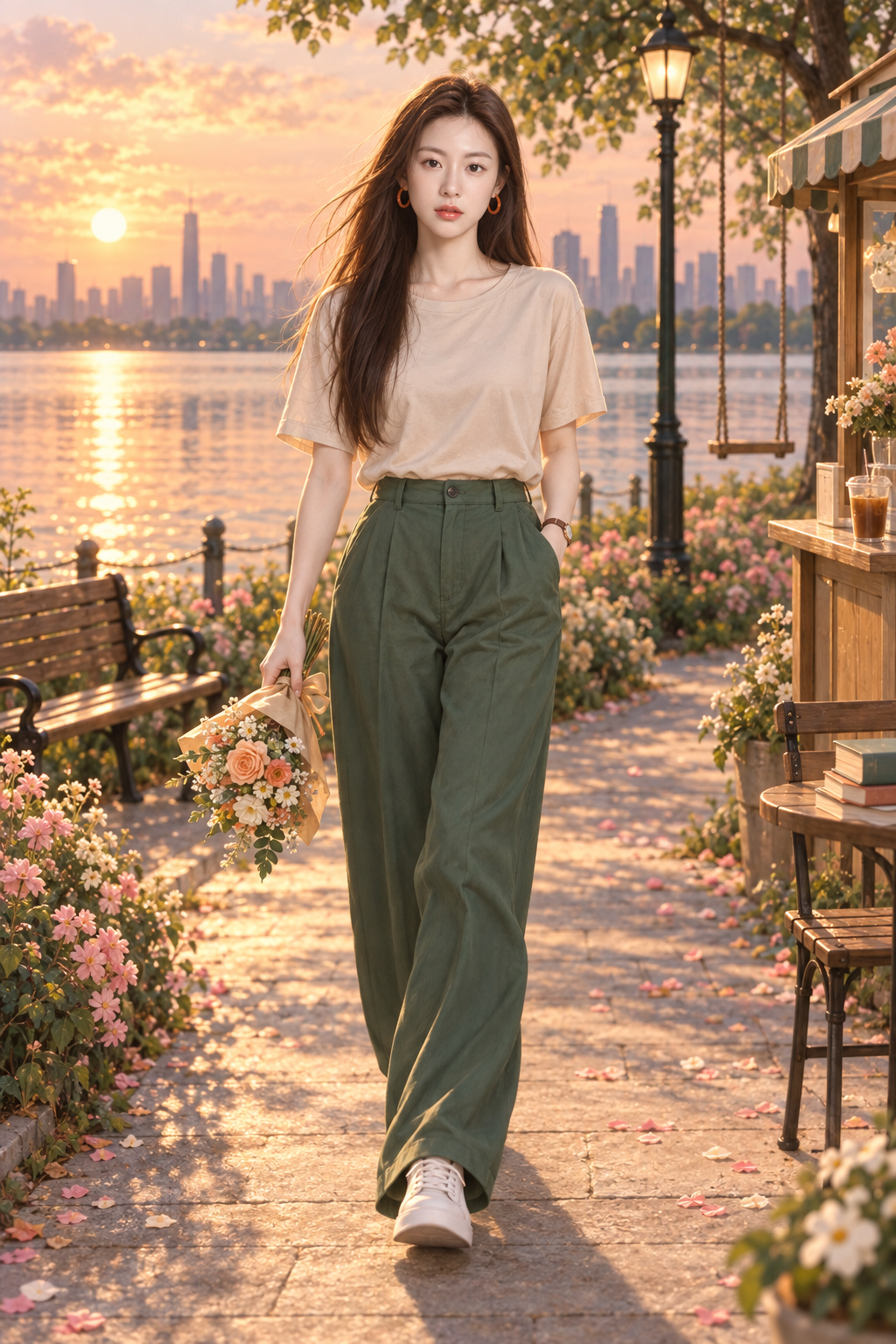金色夕阳下的湖畔漫步人像 — AI image creation