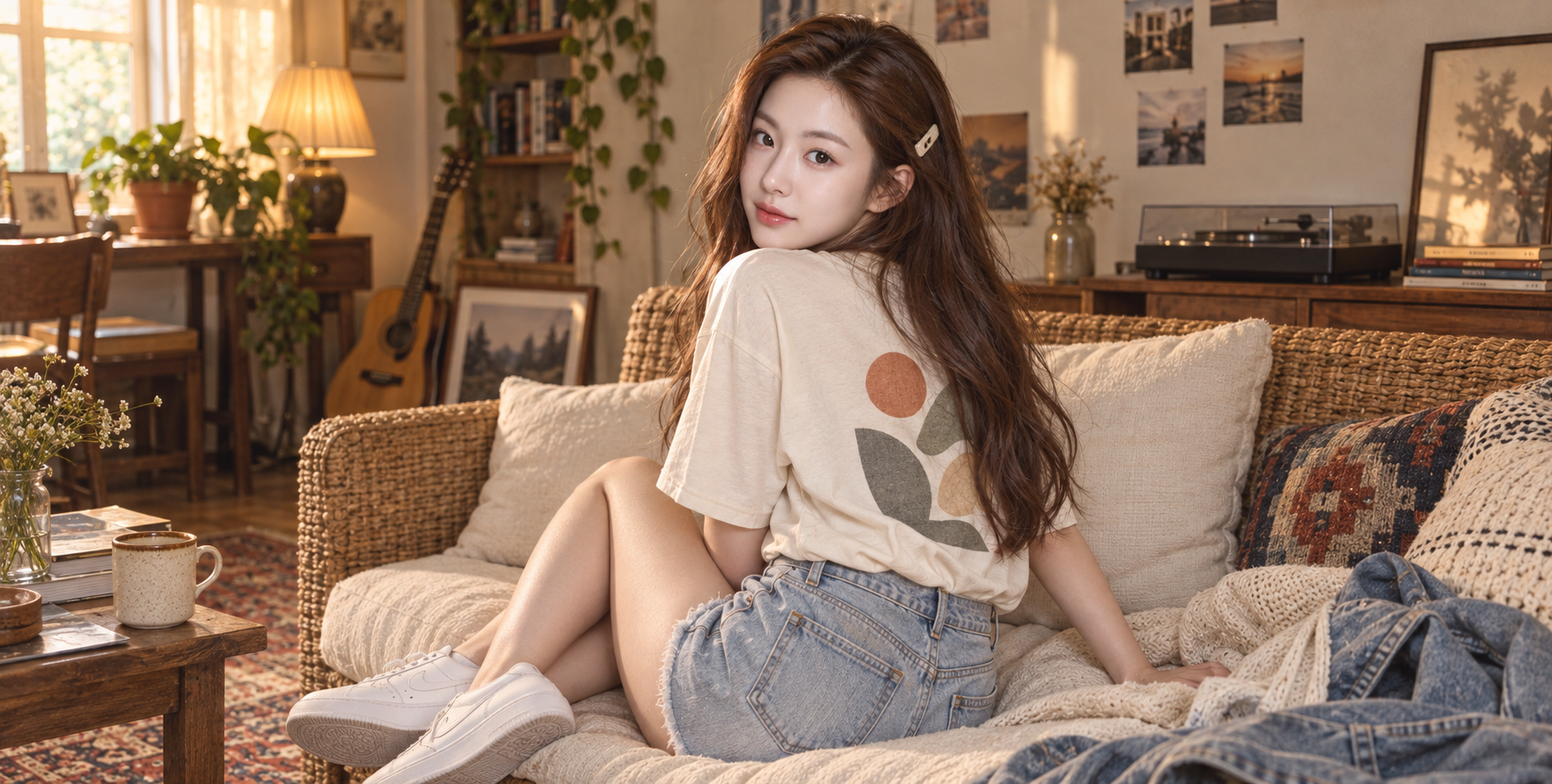 직조 소파 위의 빈티지 라이프스타일 초상