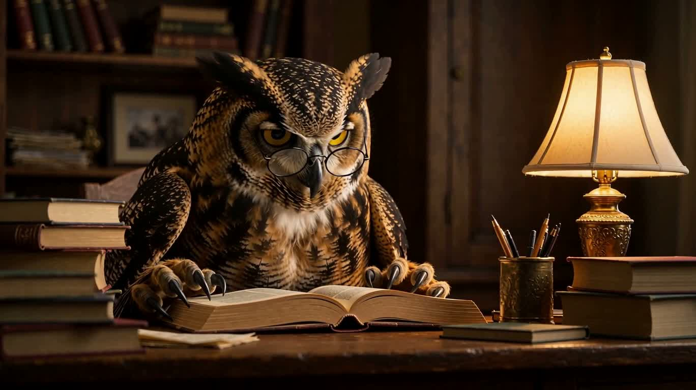 戴眼镜的拟人猫头鹰读书 — AI video creation