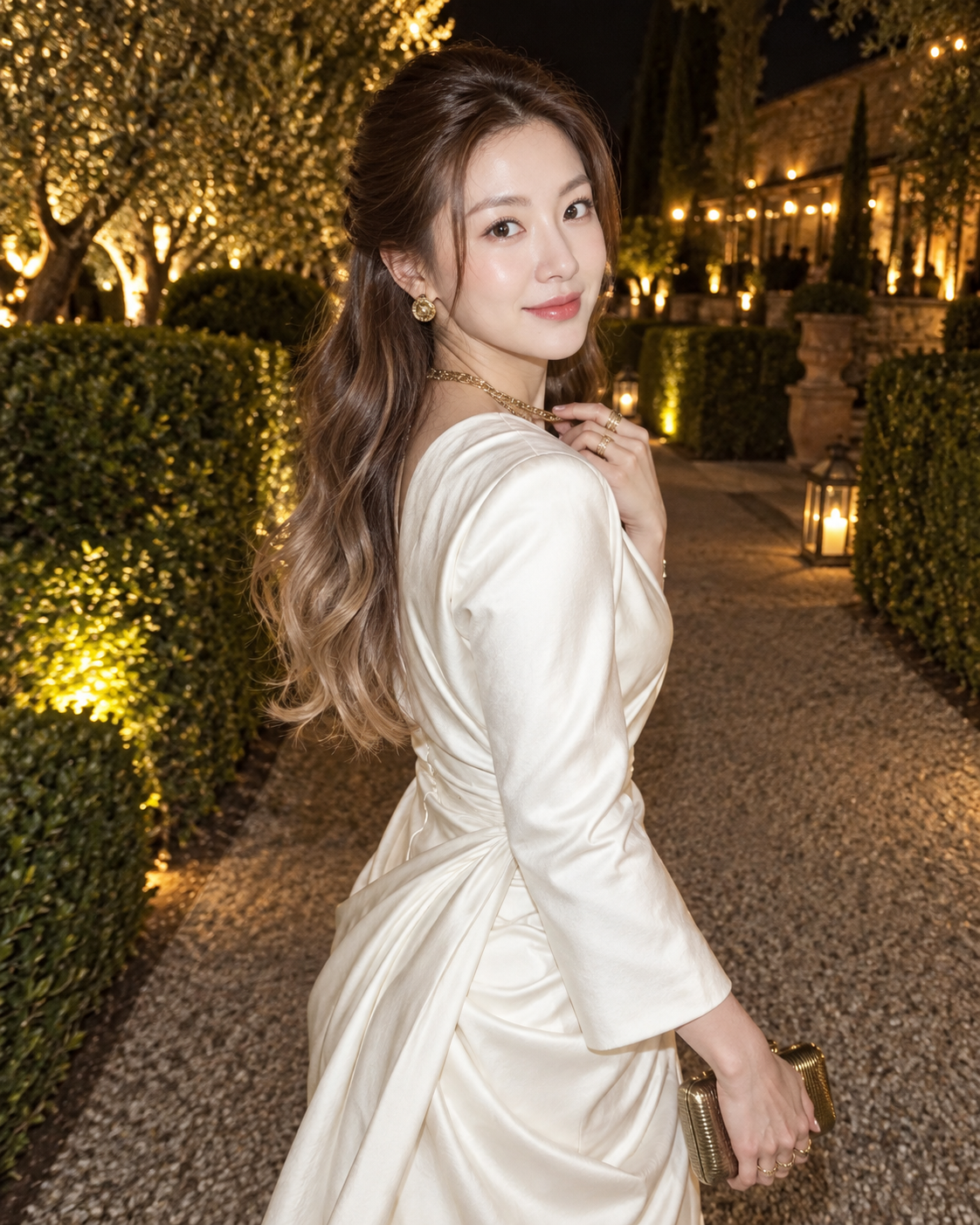 葡萄园俱乐部花园中的午夜白丝绸抓拍 — AI image creation