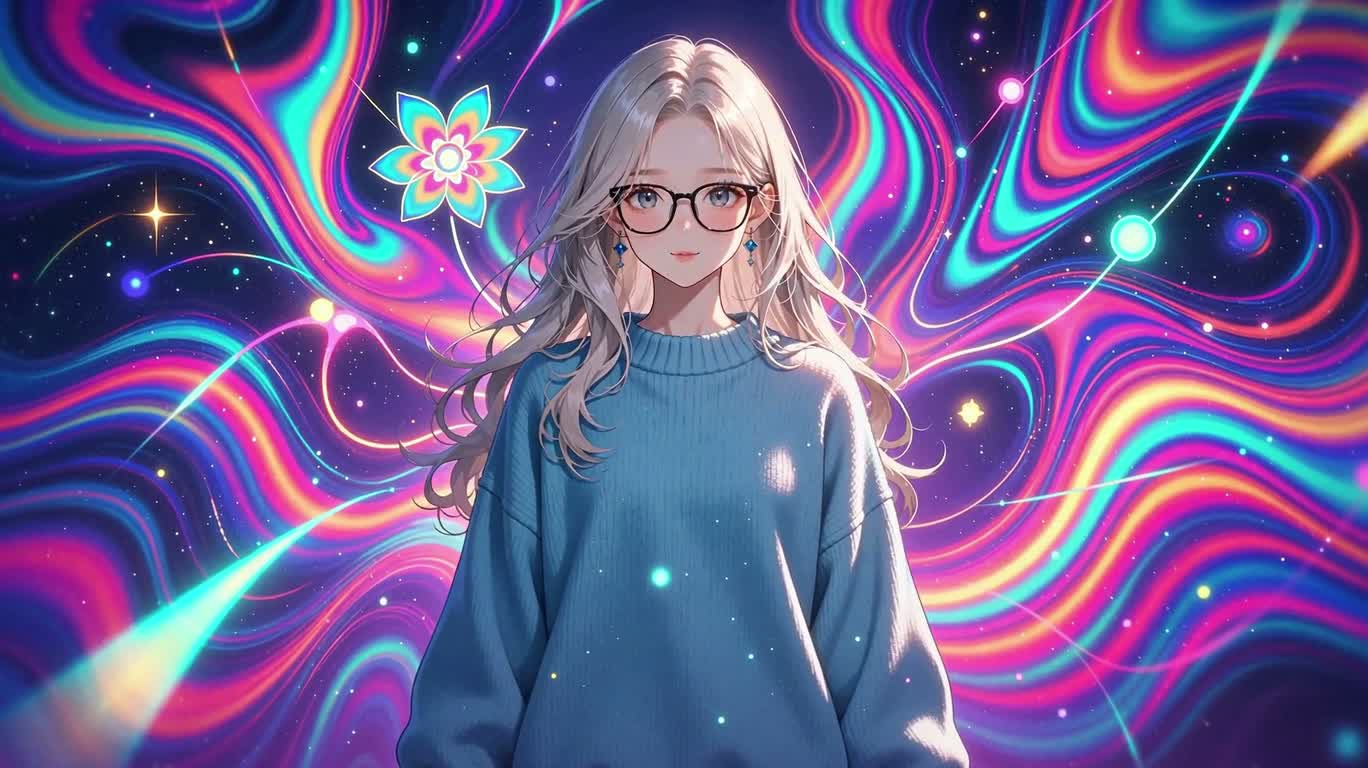 네온 배경 속 파란 옷을 입은 소녀