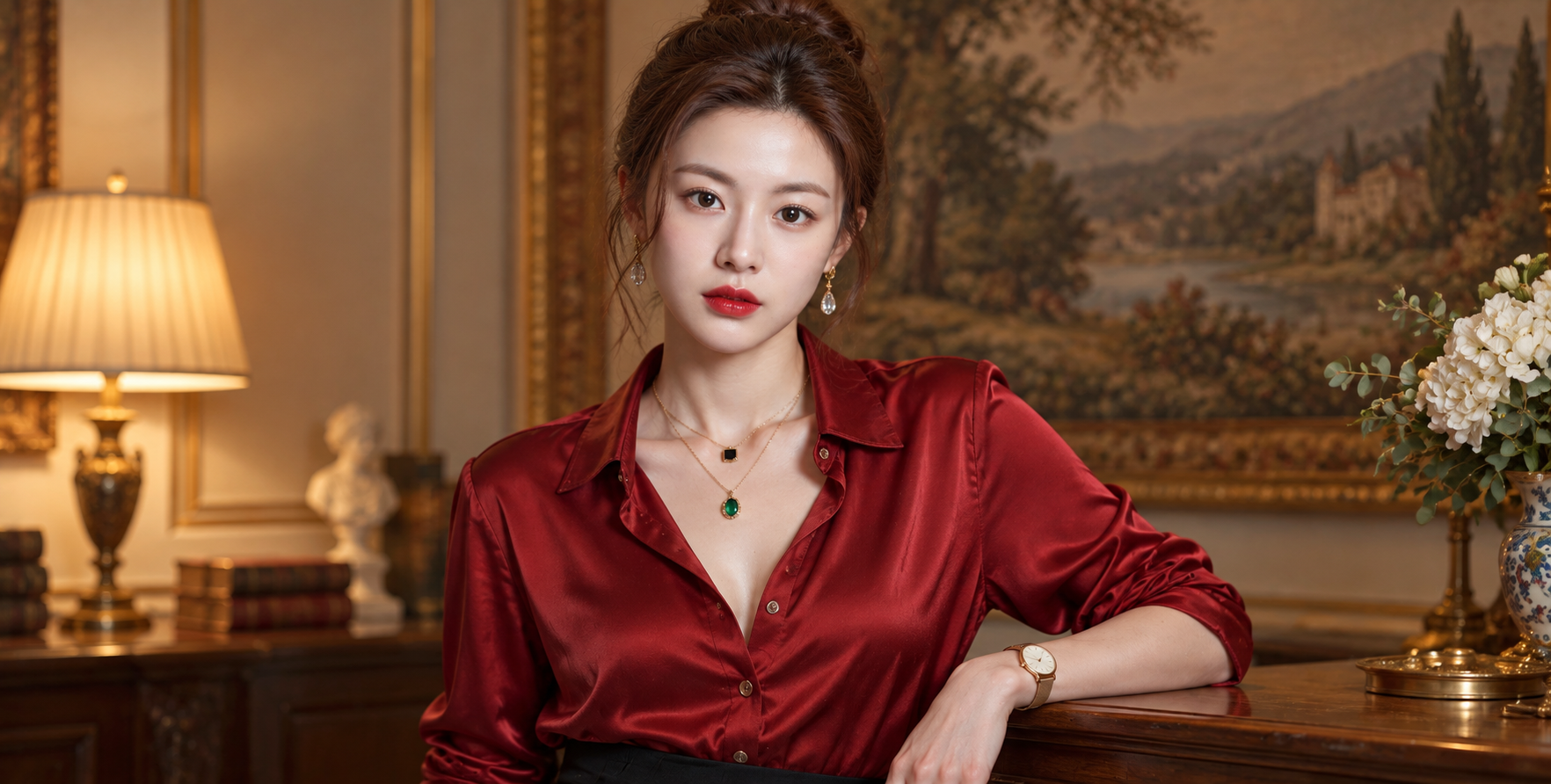 진홍색 새틴 셔츠의 실내 시네마틱 초상
