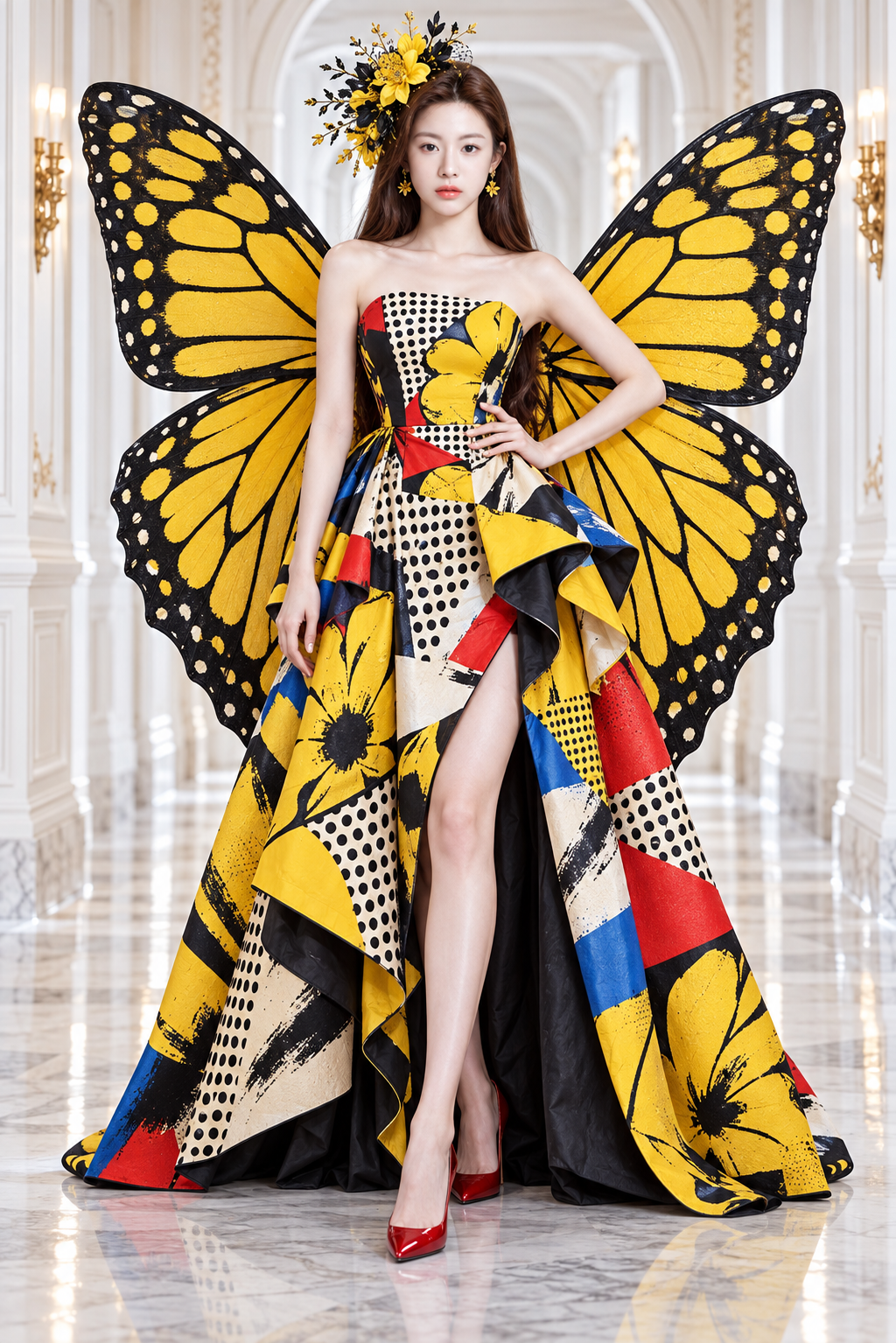 波普拼贴礼服与蝴蝶翅膀时尚肖像 — AI image creation