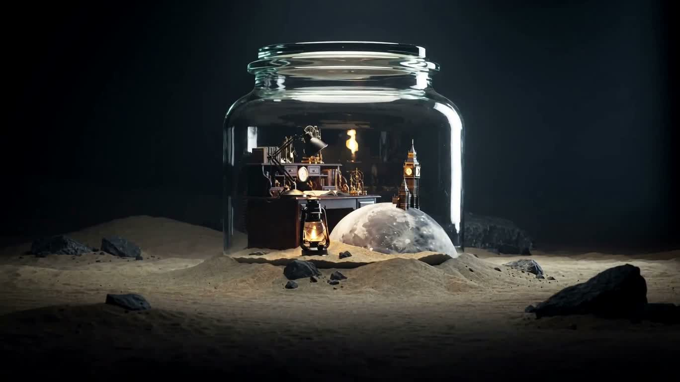 Royaume lunaire steampunk dans une bouteille de verre — AI video creation
