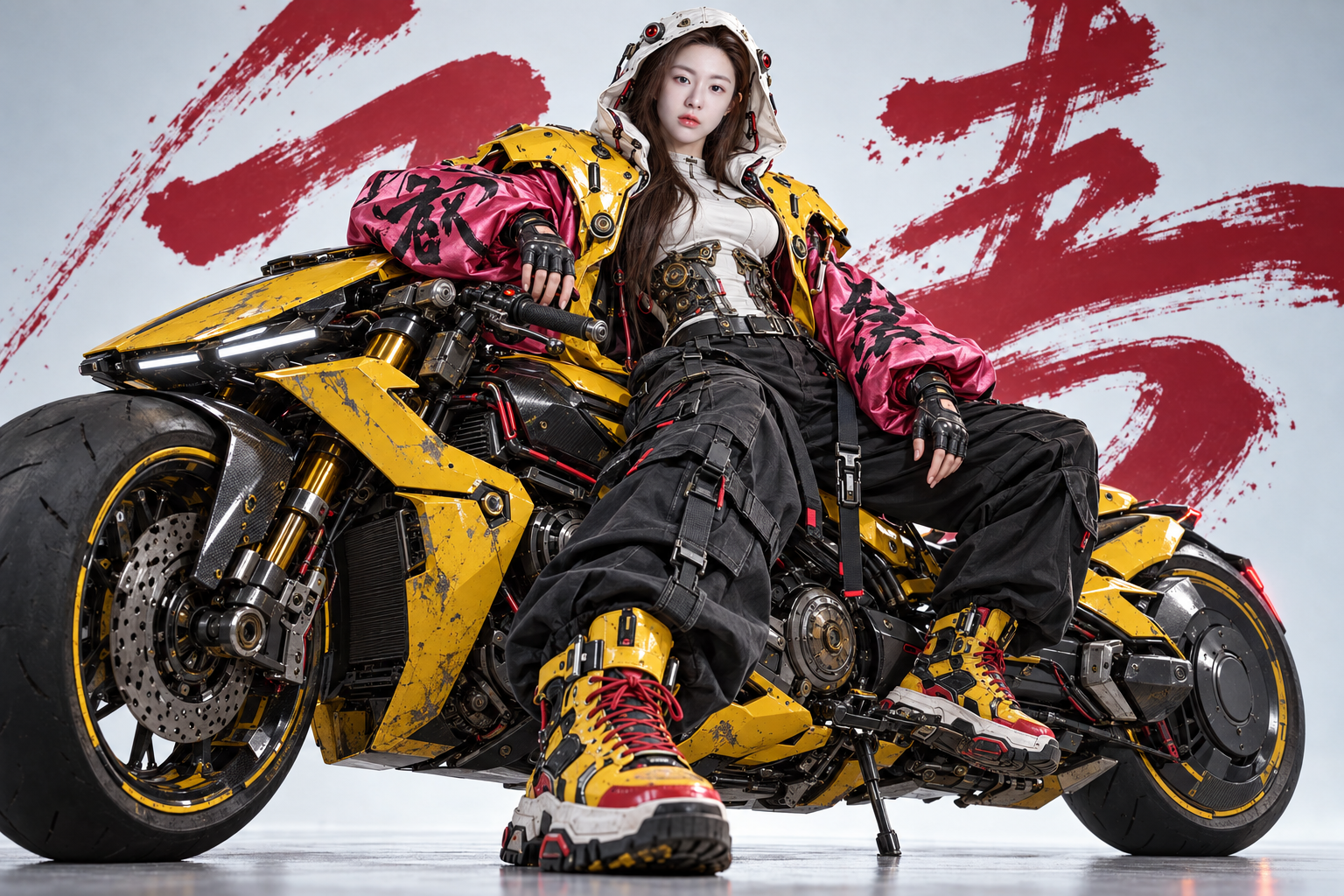 黄黑赛博朋克摩托车上的成年机能时尚主角 — AI image creation