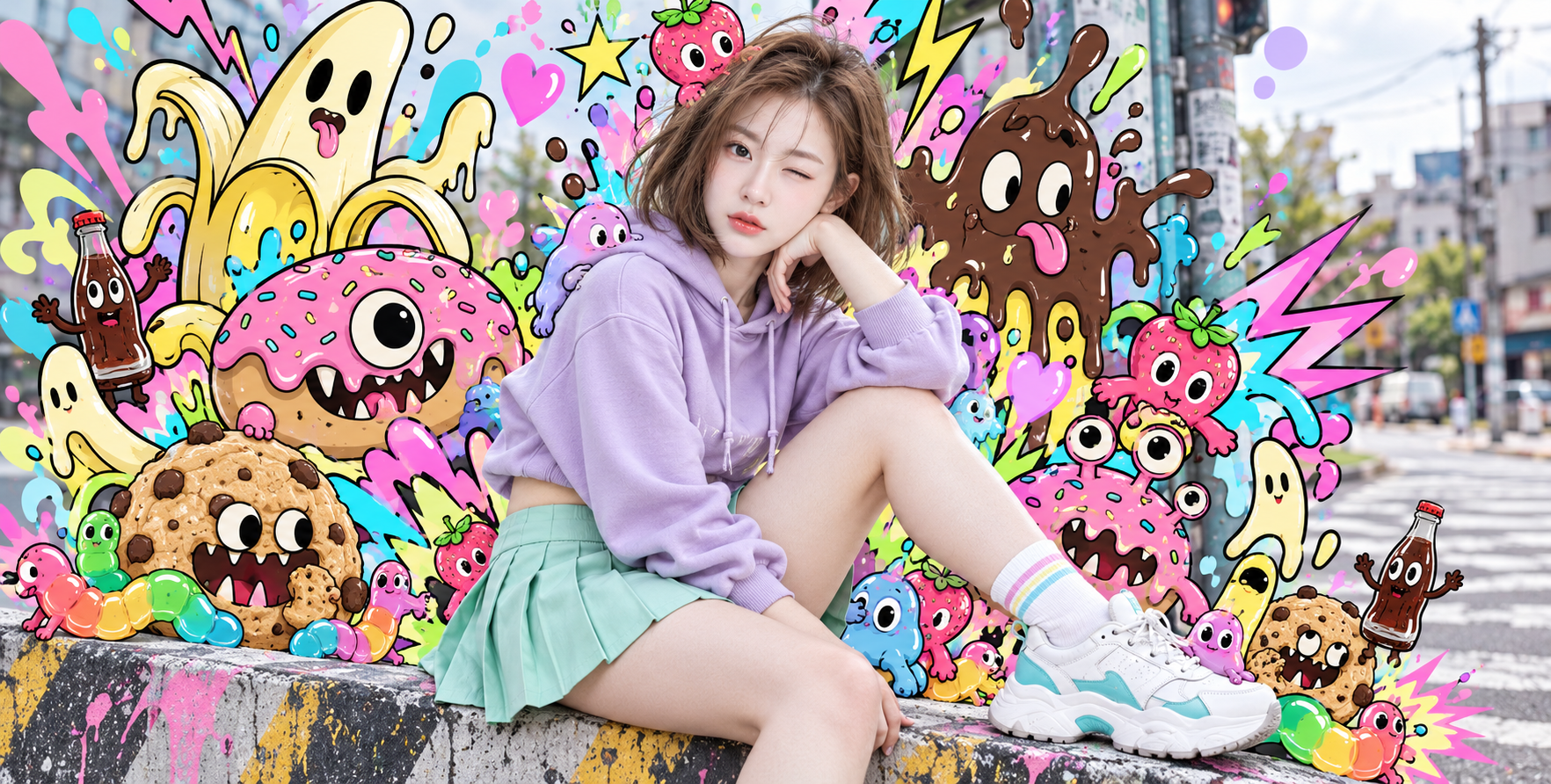 네온 캔디 몬스터 스트리트 스냅 콜라주
