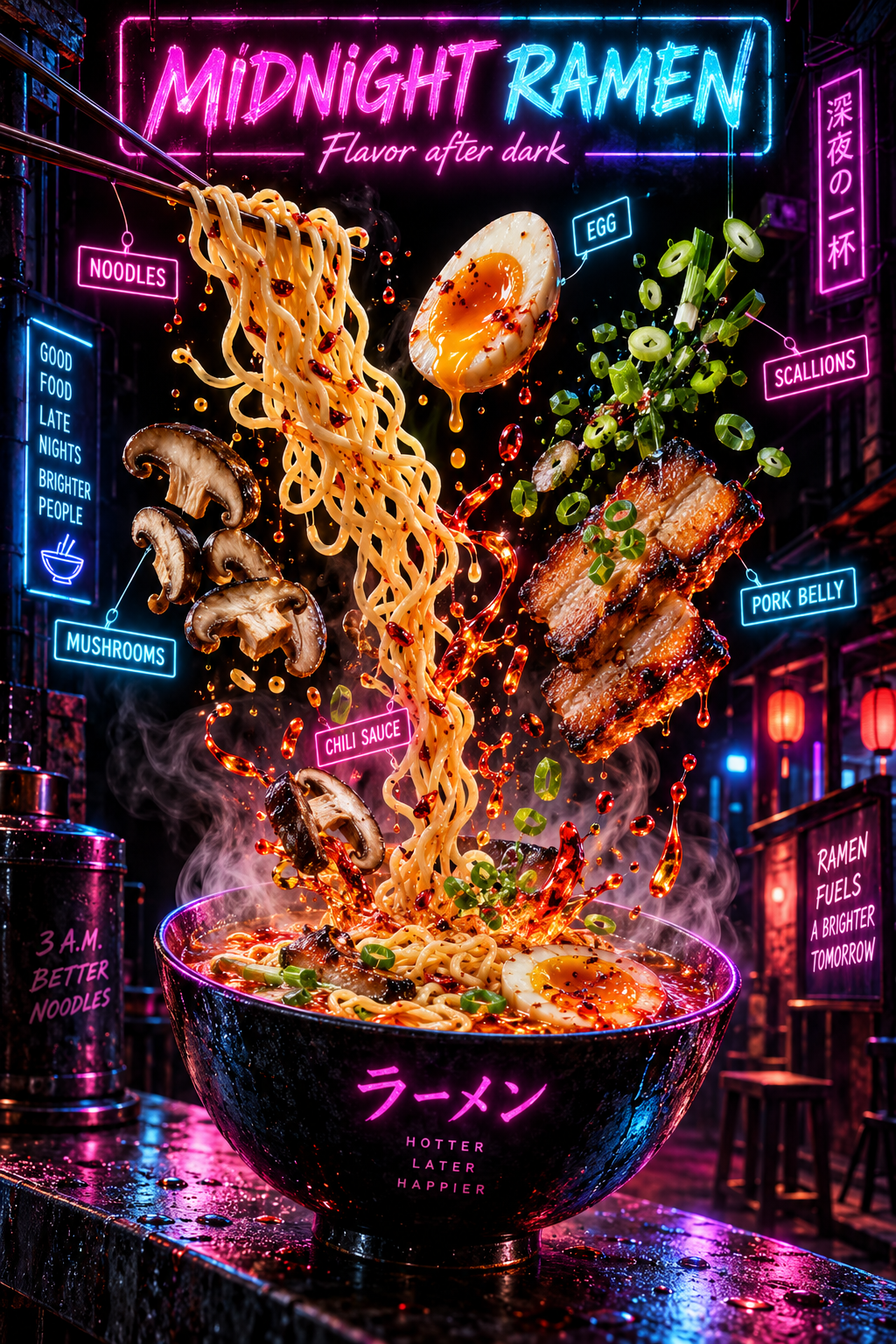 赛博霓虹夜市悬浮美食 — AI image creation