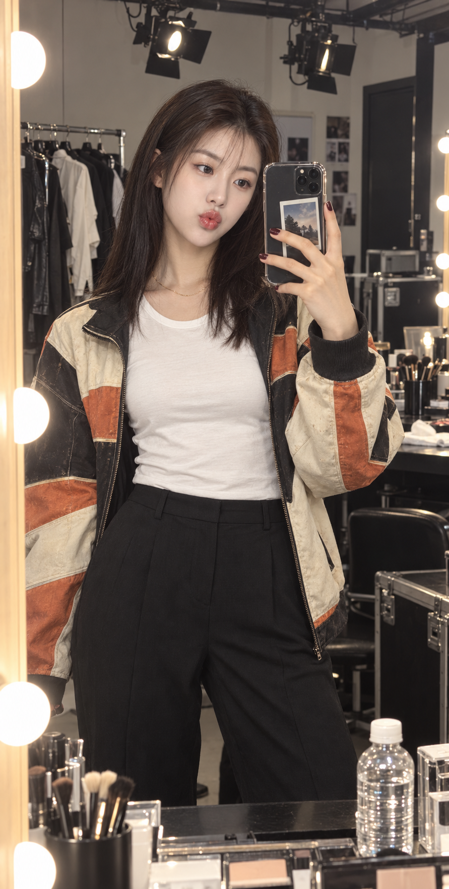 复古赛车夹克女孩的俏皮镜面自拍 — AI image creation