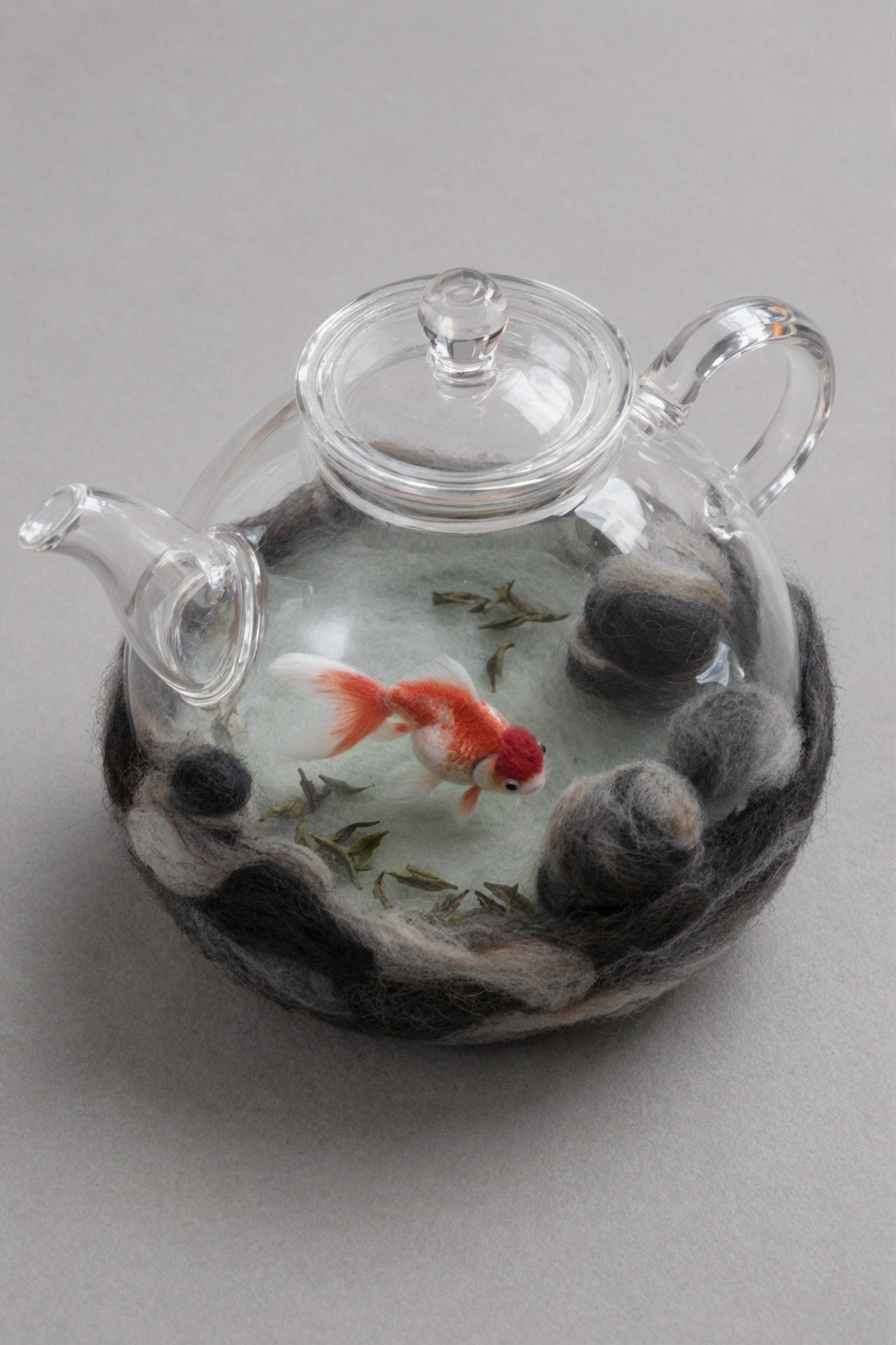 Théière en verre poisson rouge · Feutre de laine