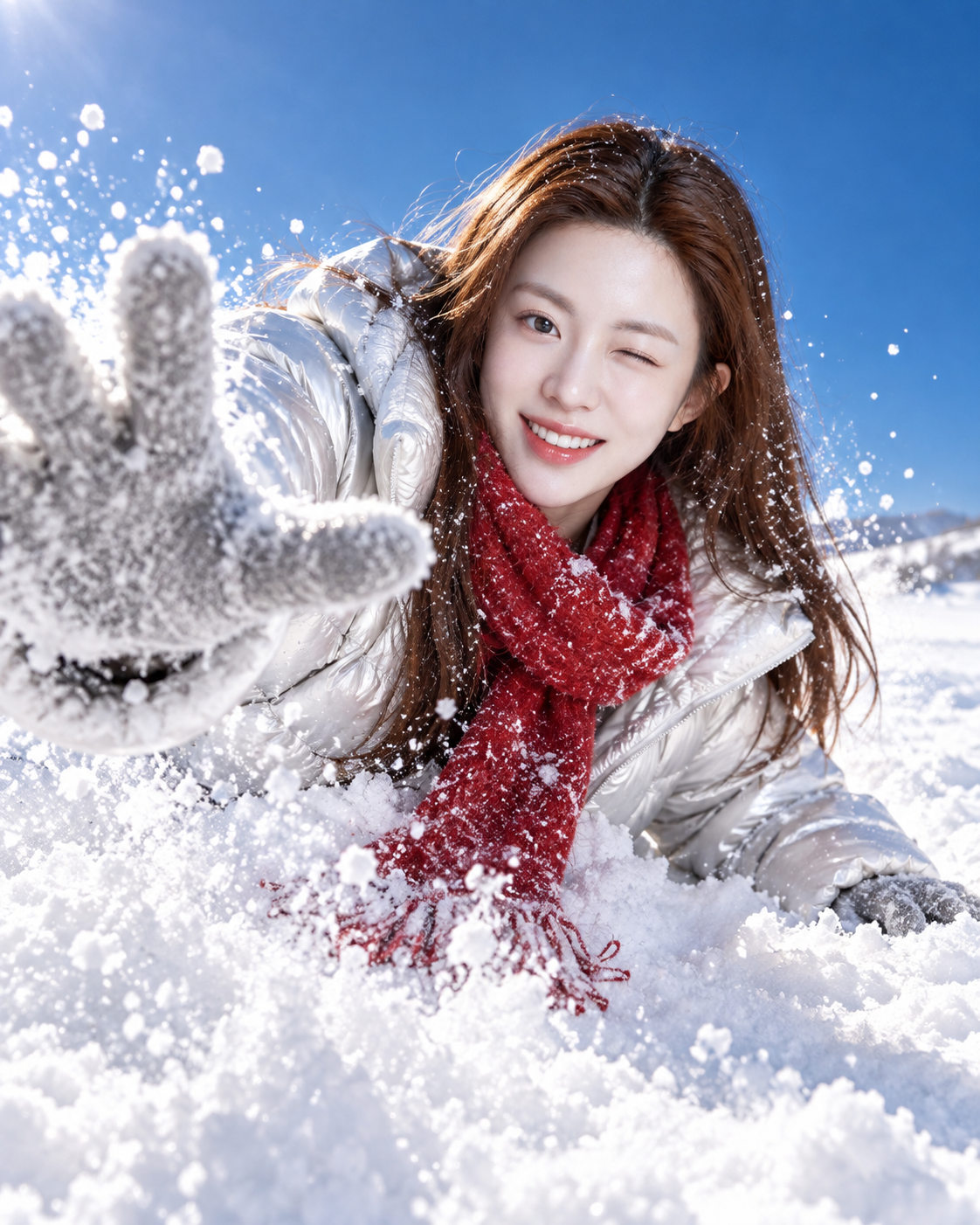 冬日雪地后仰抓拍成人肖像