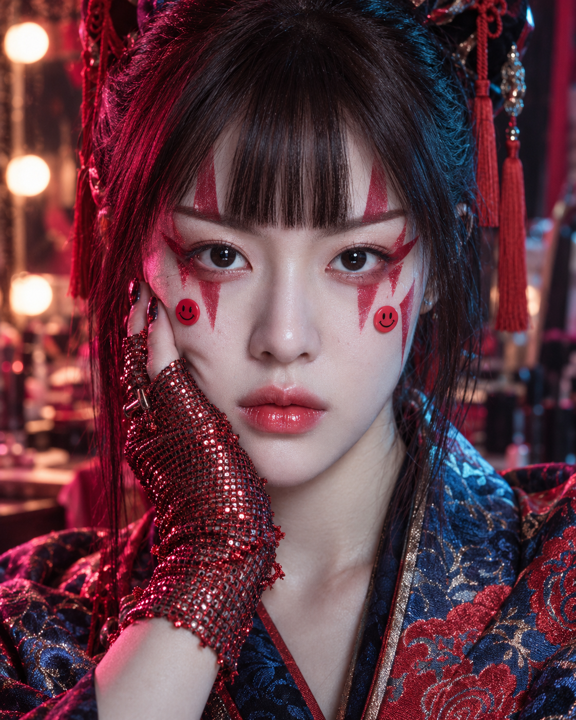 赛博传统灵感的红蓝微距时尚肖像 — AI image creation