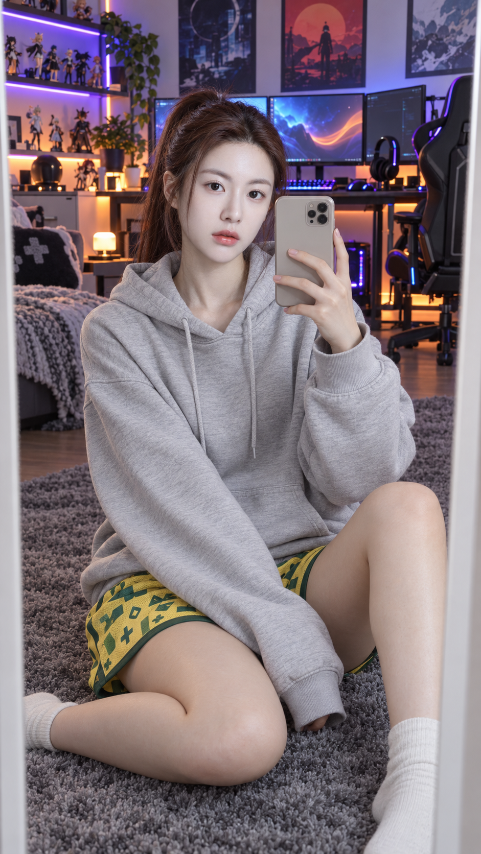 赛博电竞房红发少女对镜展现极致腰臀比 — AI image creation
