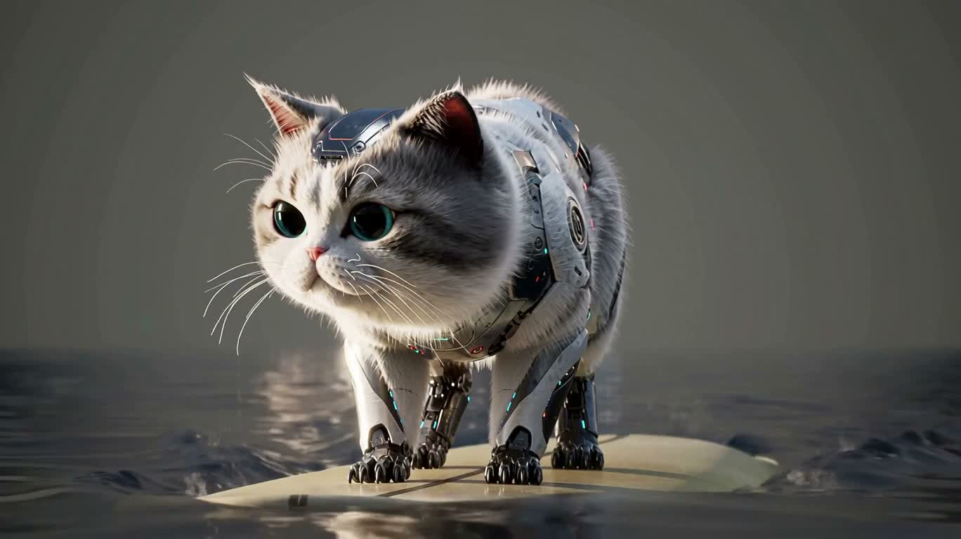 Plush Cyber Cat on a Surfboard — AI video creation