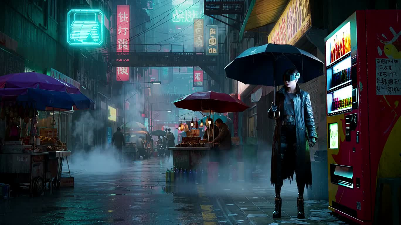 霓虹雨巷：等离子刃对决废铁蛛 — AI video creation