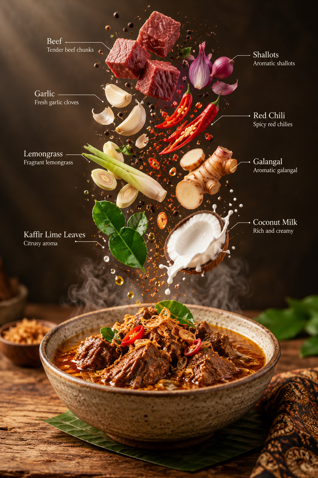 悬浮配料印尼菜美食信息图海报 — AI image creation