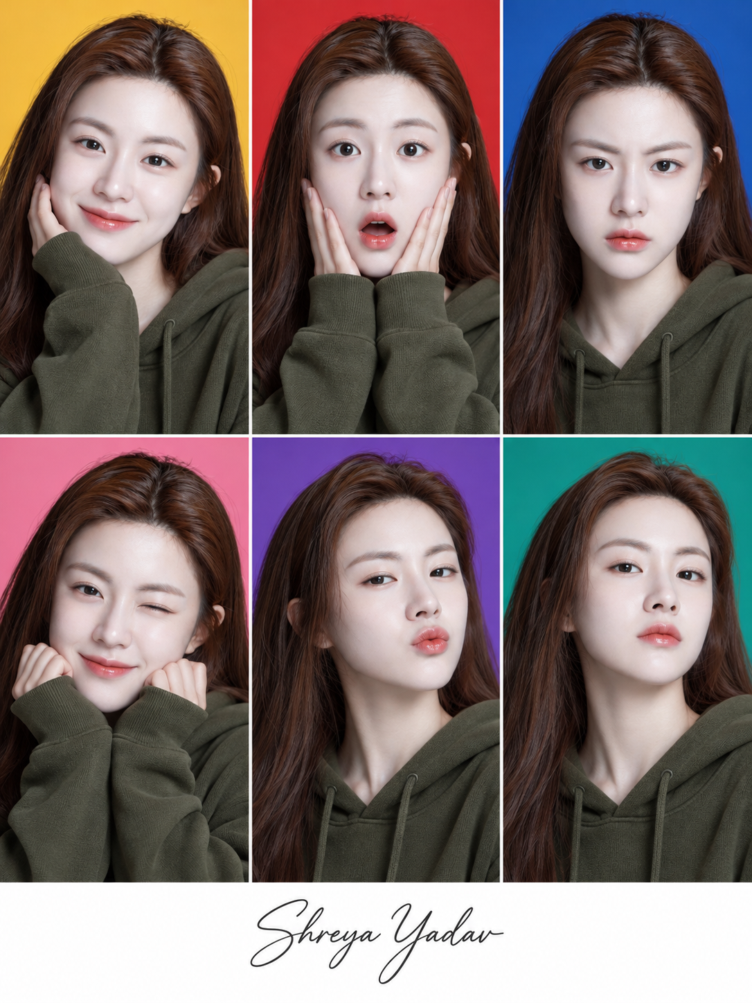 Portrait 3D en six cases d'une femme en sweat à capuche vert olive
