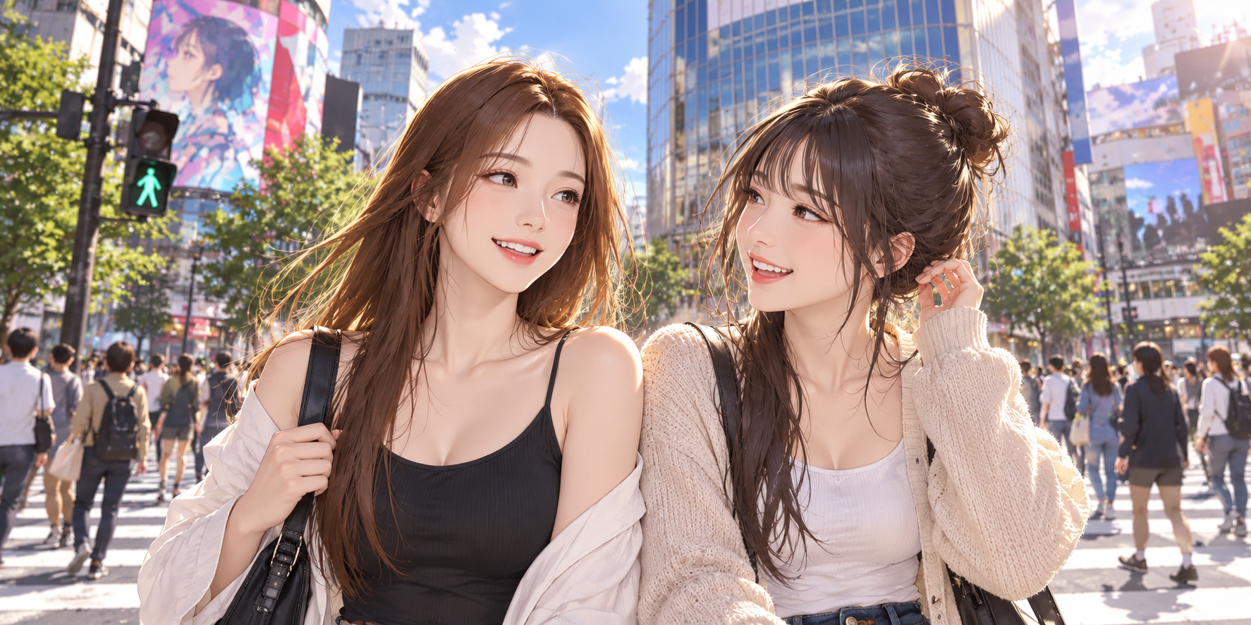 午后阳光下的涩谷成人闺蜜时光 — AI image creation