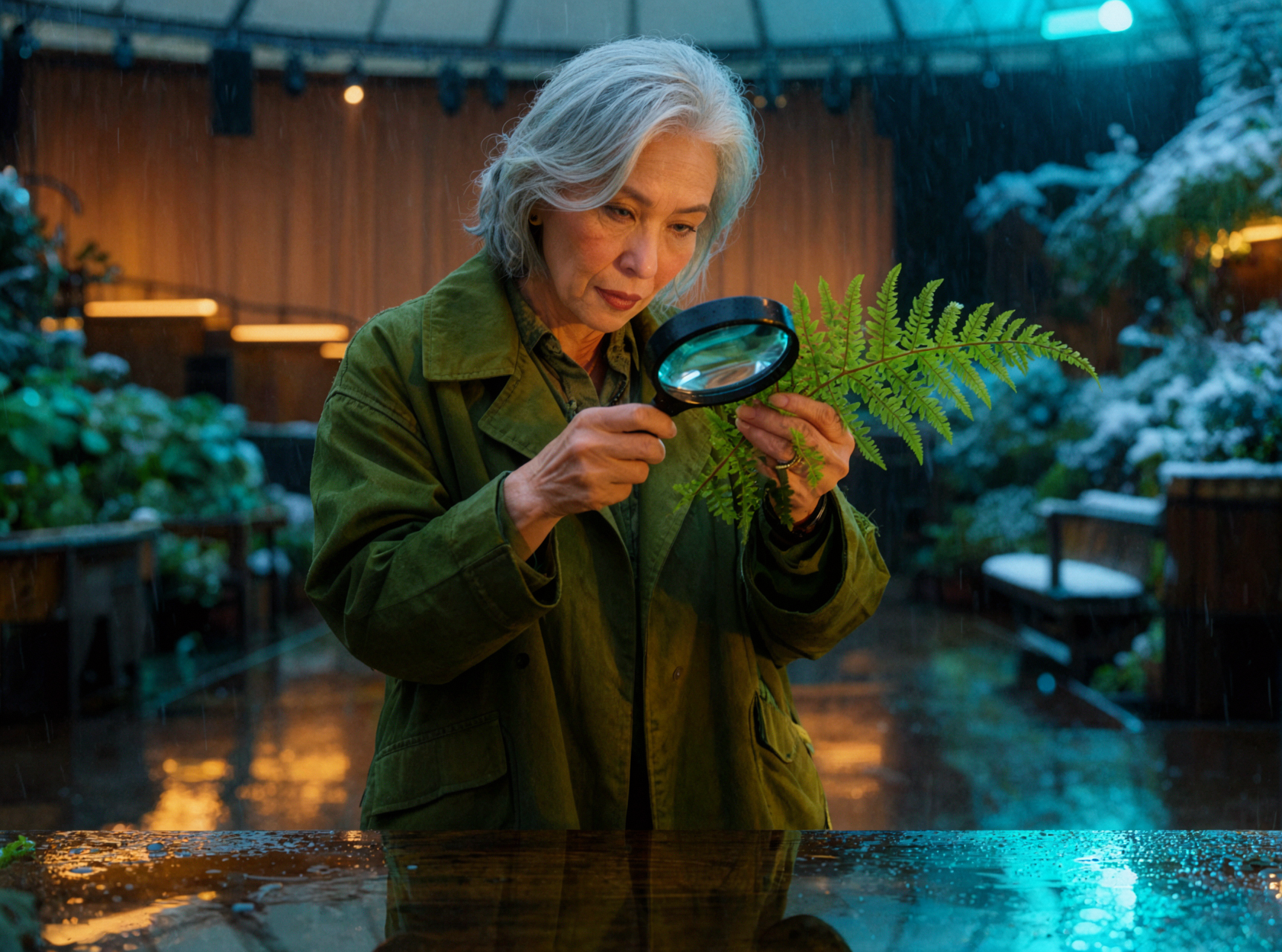 银发成年女性植物学家 · 叶脉观察 · 雨夜霓虹 — AI image creation