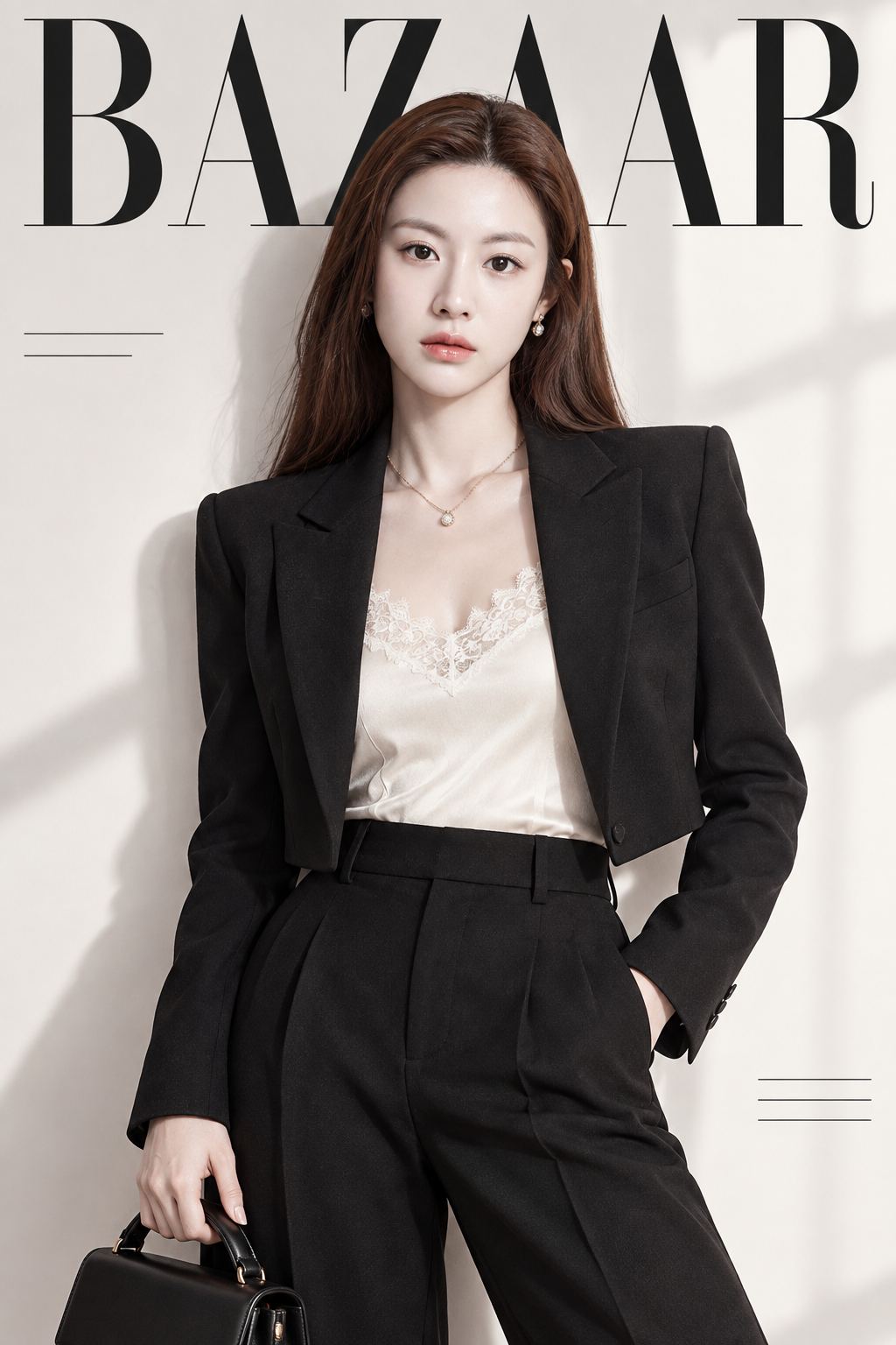 黑色西装造型与BAZAAR刊头时尚封面 — AI image creation