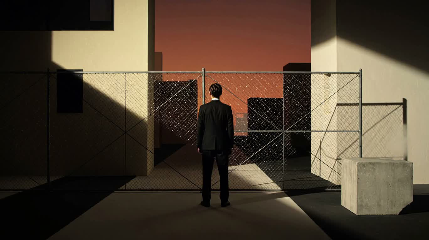 Homme rétro-futuriste devant un grillage — AI video creation