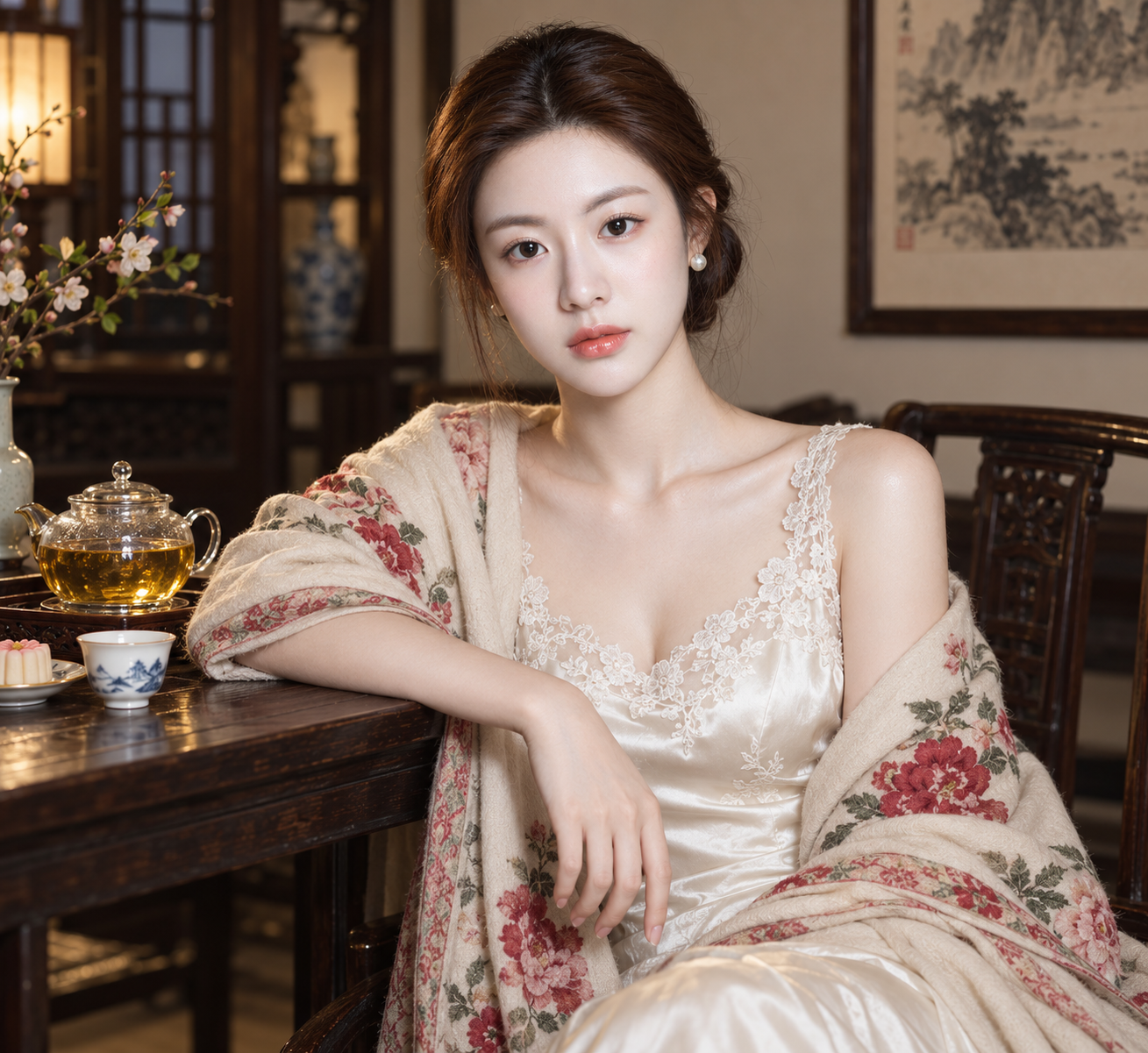 江南雅韵复古茶室闪光灯女性肖像 — AI image creation