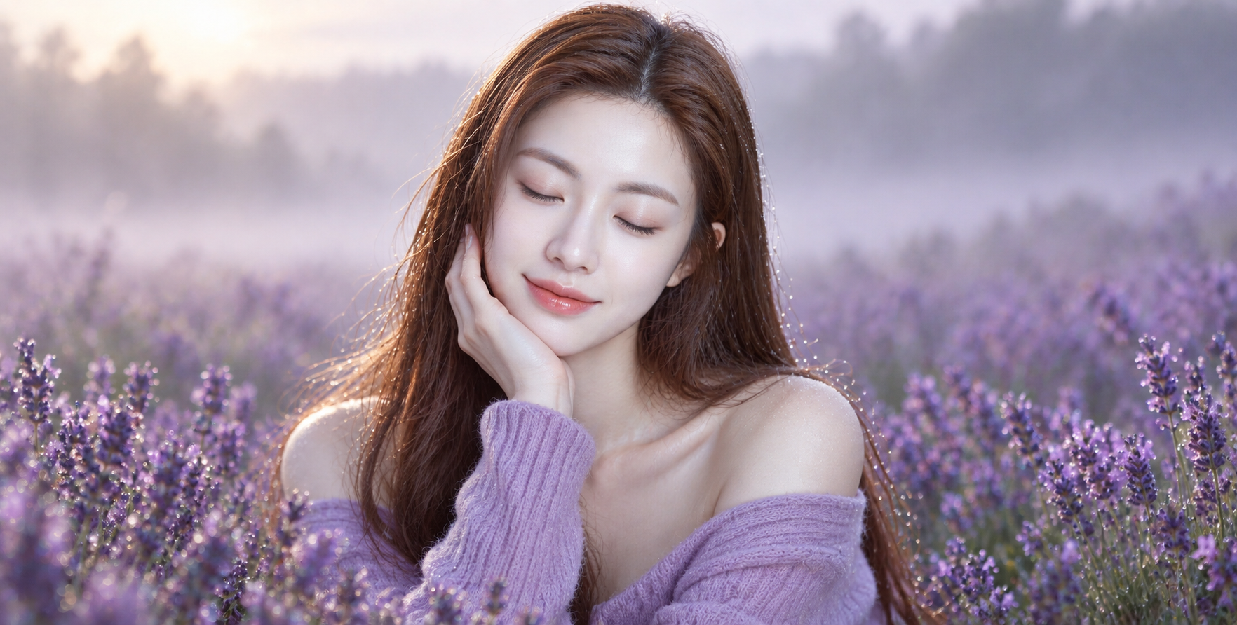 薄雾薰衣草花田中的清新浪漫人像 — AI image creation