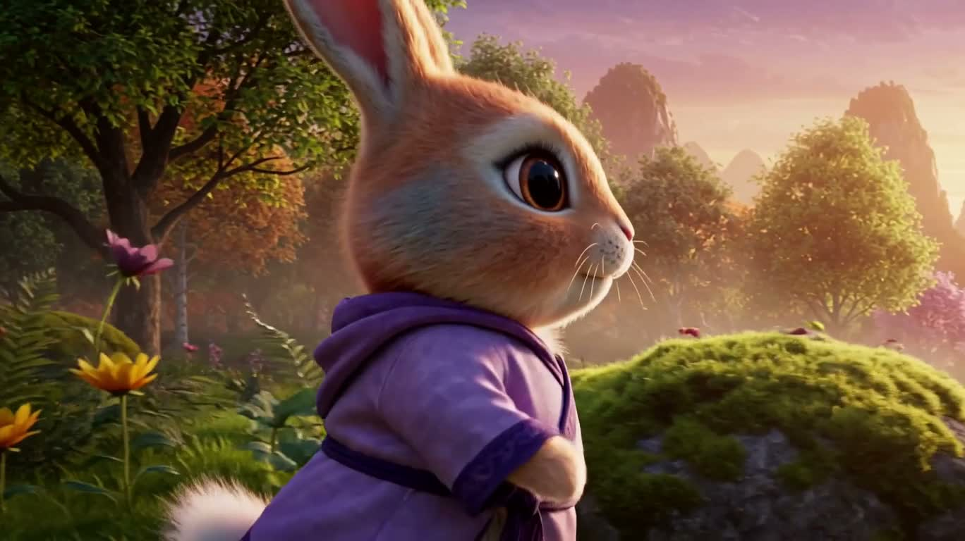 Voyage fantastique du lapin dodu en robe violette — AI video creation