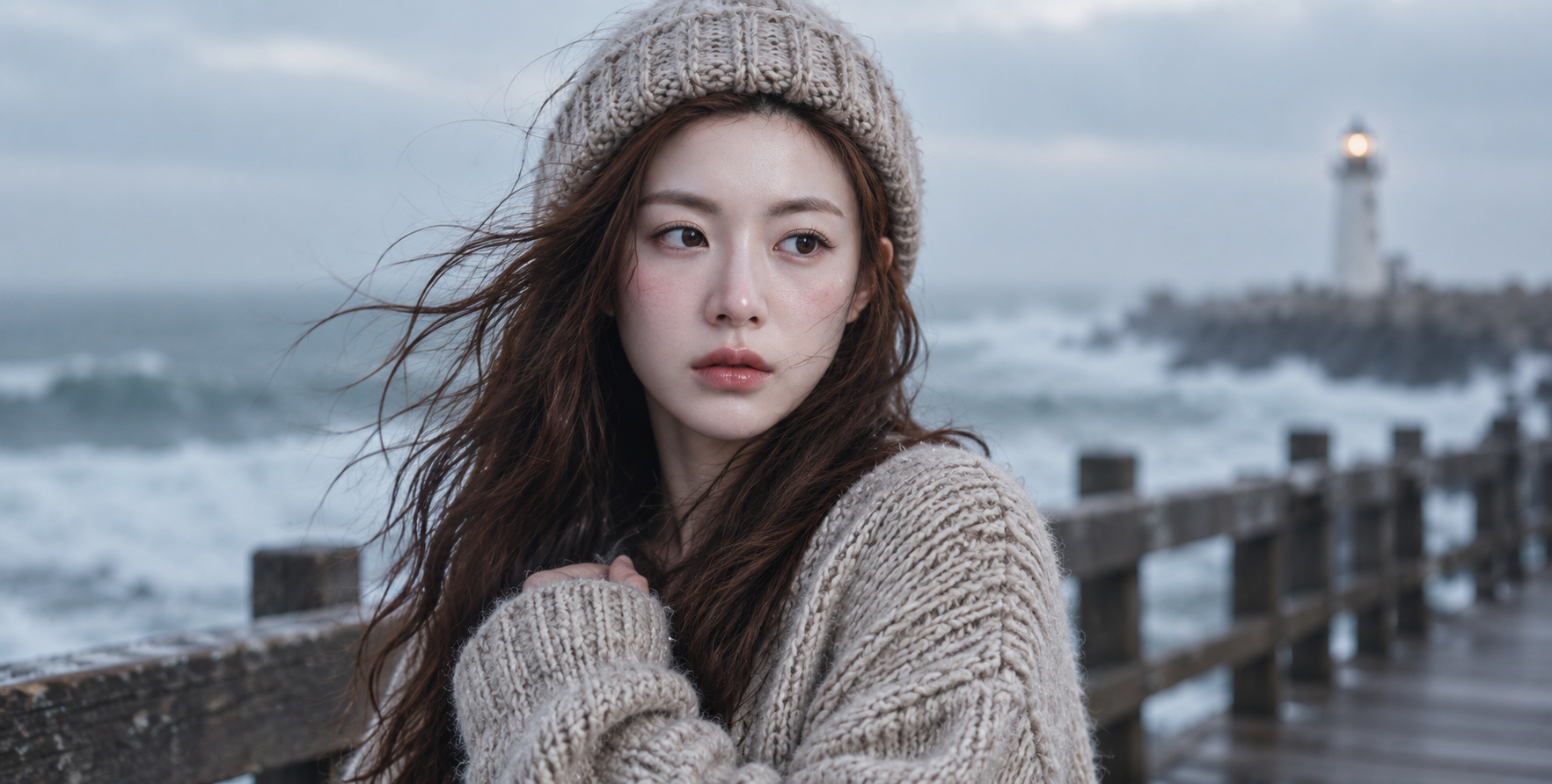 寒风海栈上的忧郁少女 — AI image creation