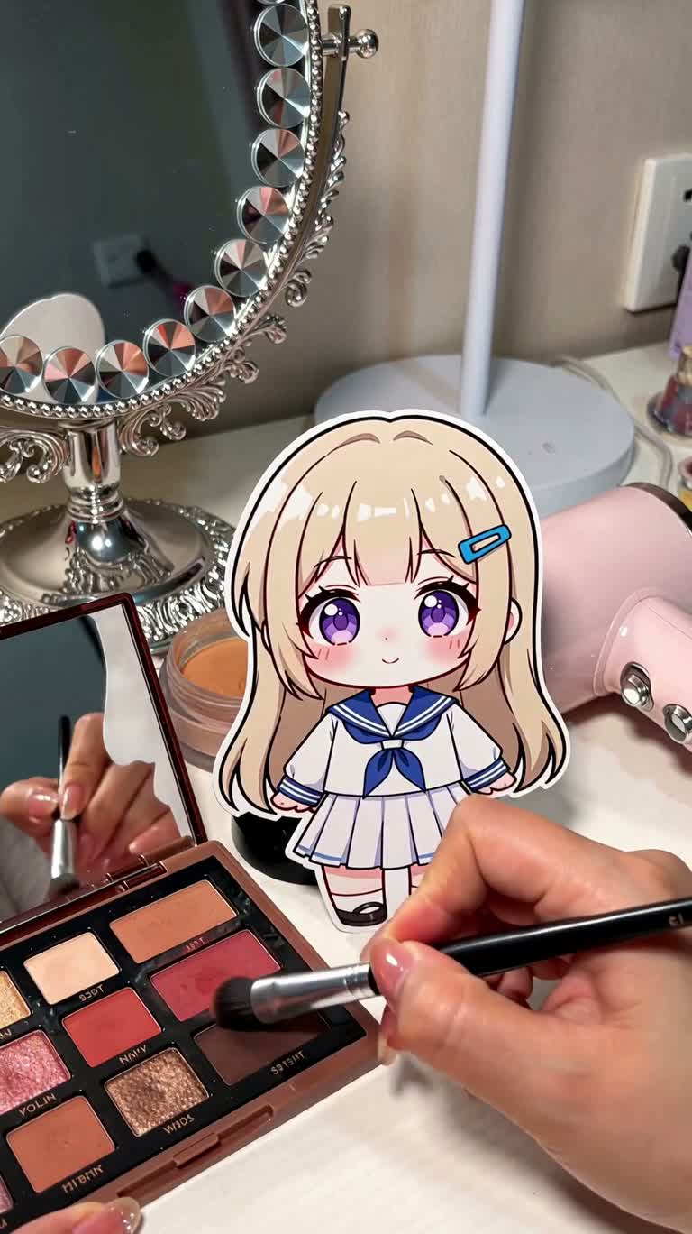 化妆台上的贴纸恶作剧 — AI video creation