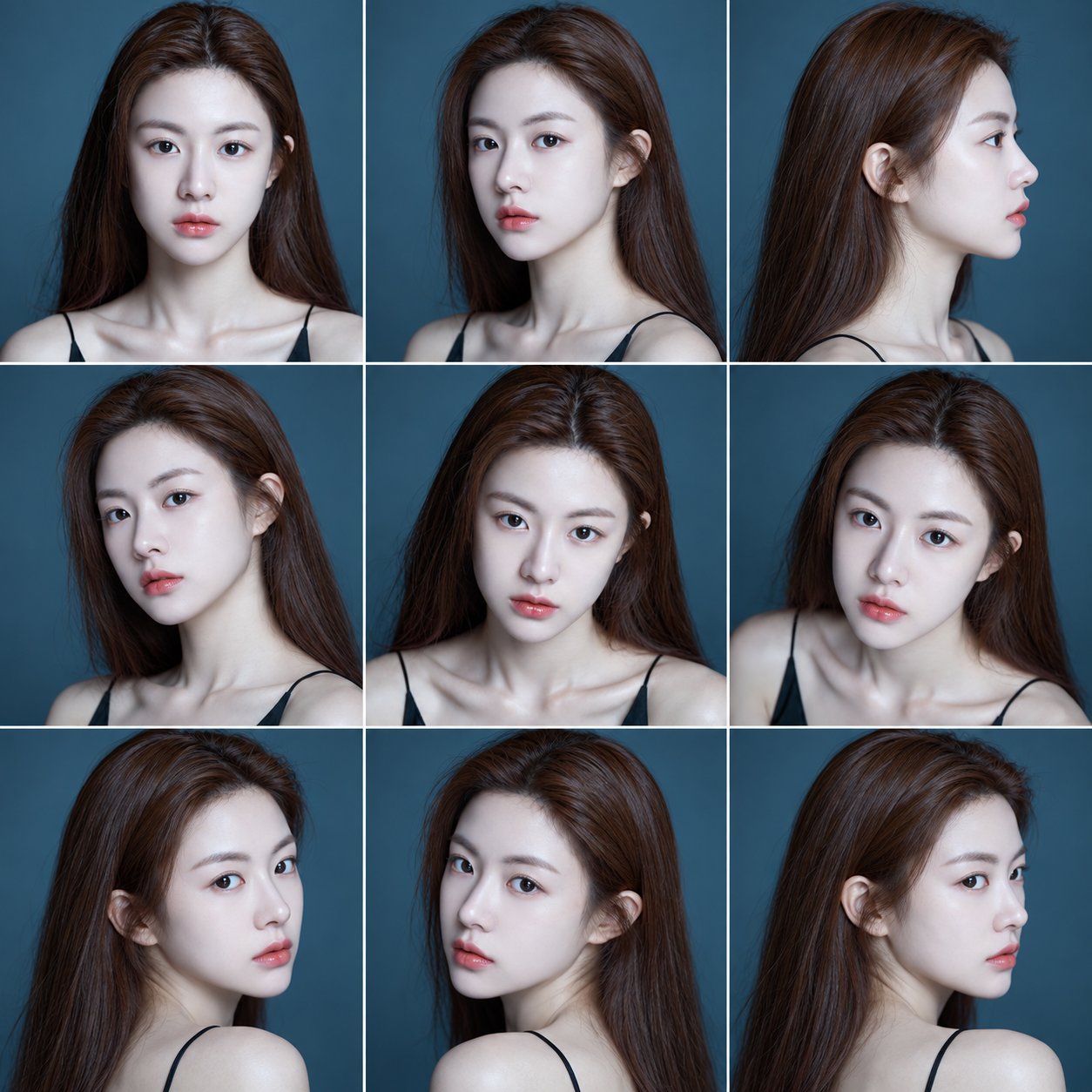 成年女性身份一致性九宫格多角度肖像参考板 — AI image creation