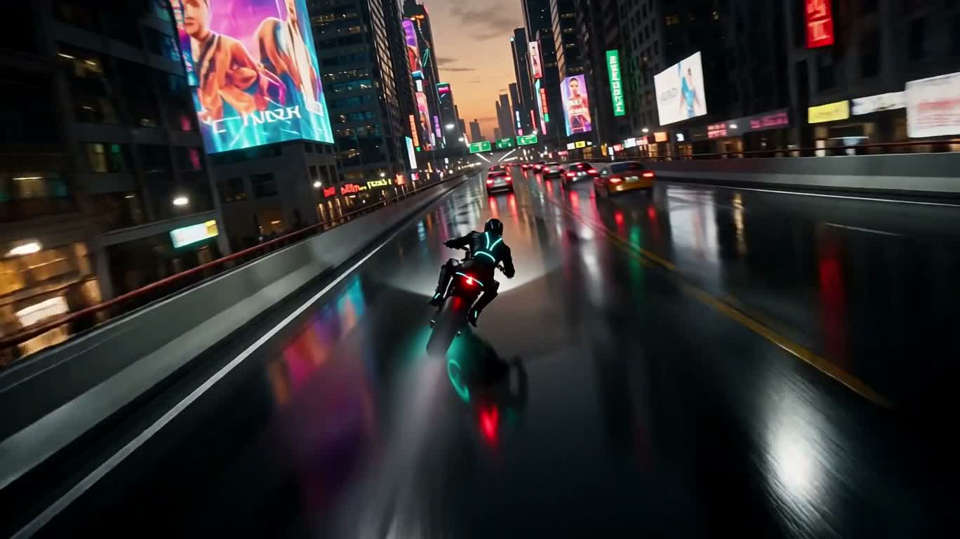 霓虹都市飞跃：赛博摩托伞降 — AI video creation