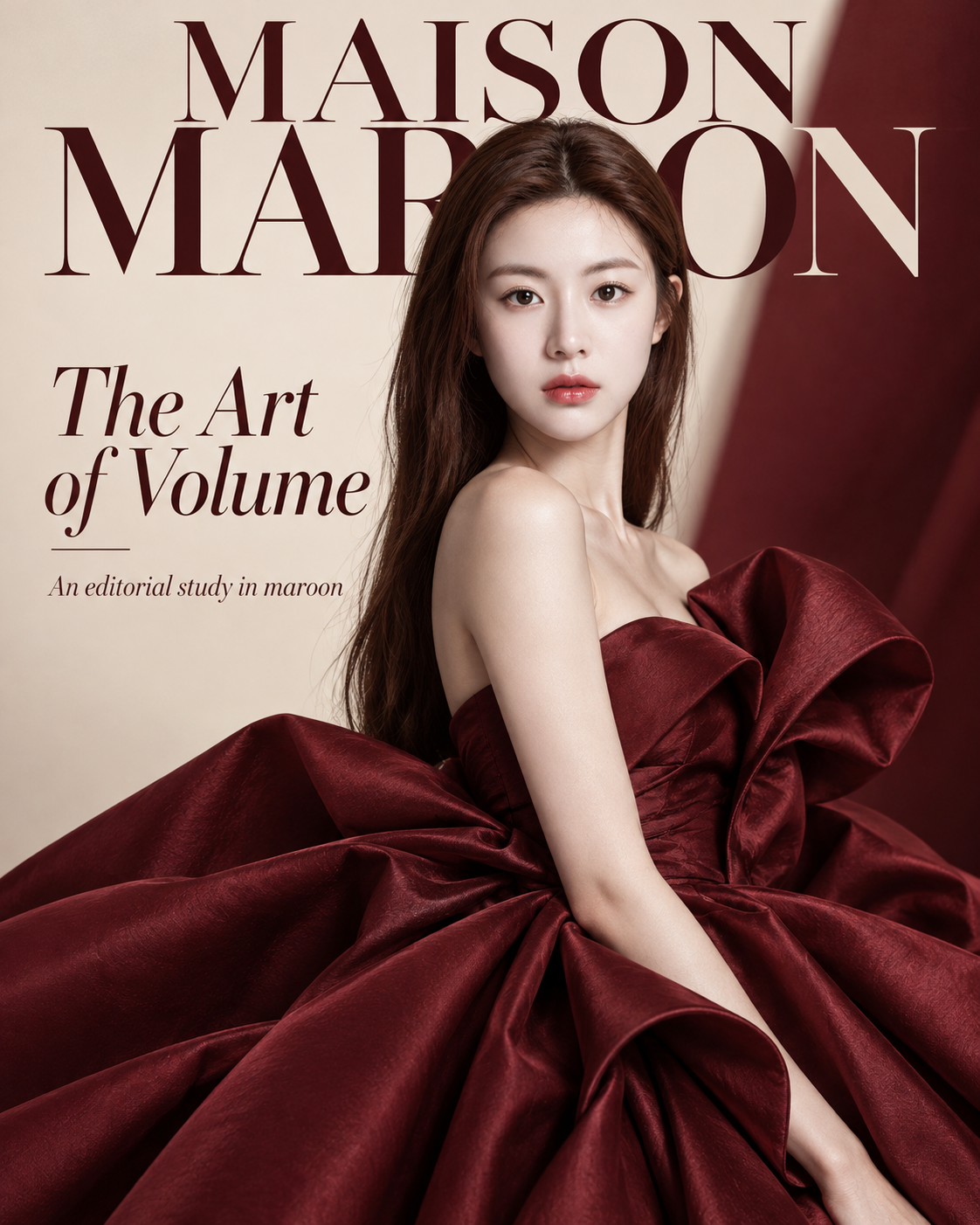 栗色蓬松礼服与虚构品牌刊头时尚封面 — AI image creation