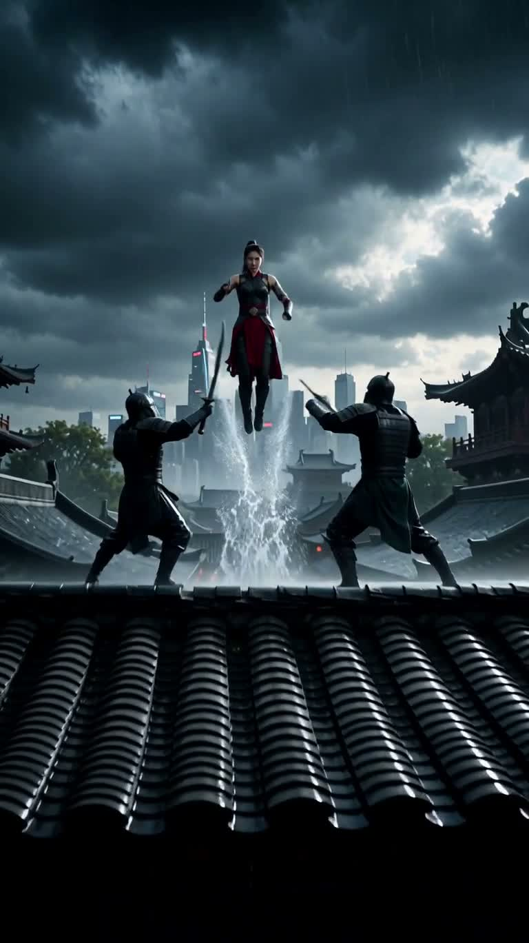 暴风 rooftop 暗影女武者 — AI video creation