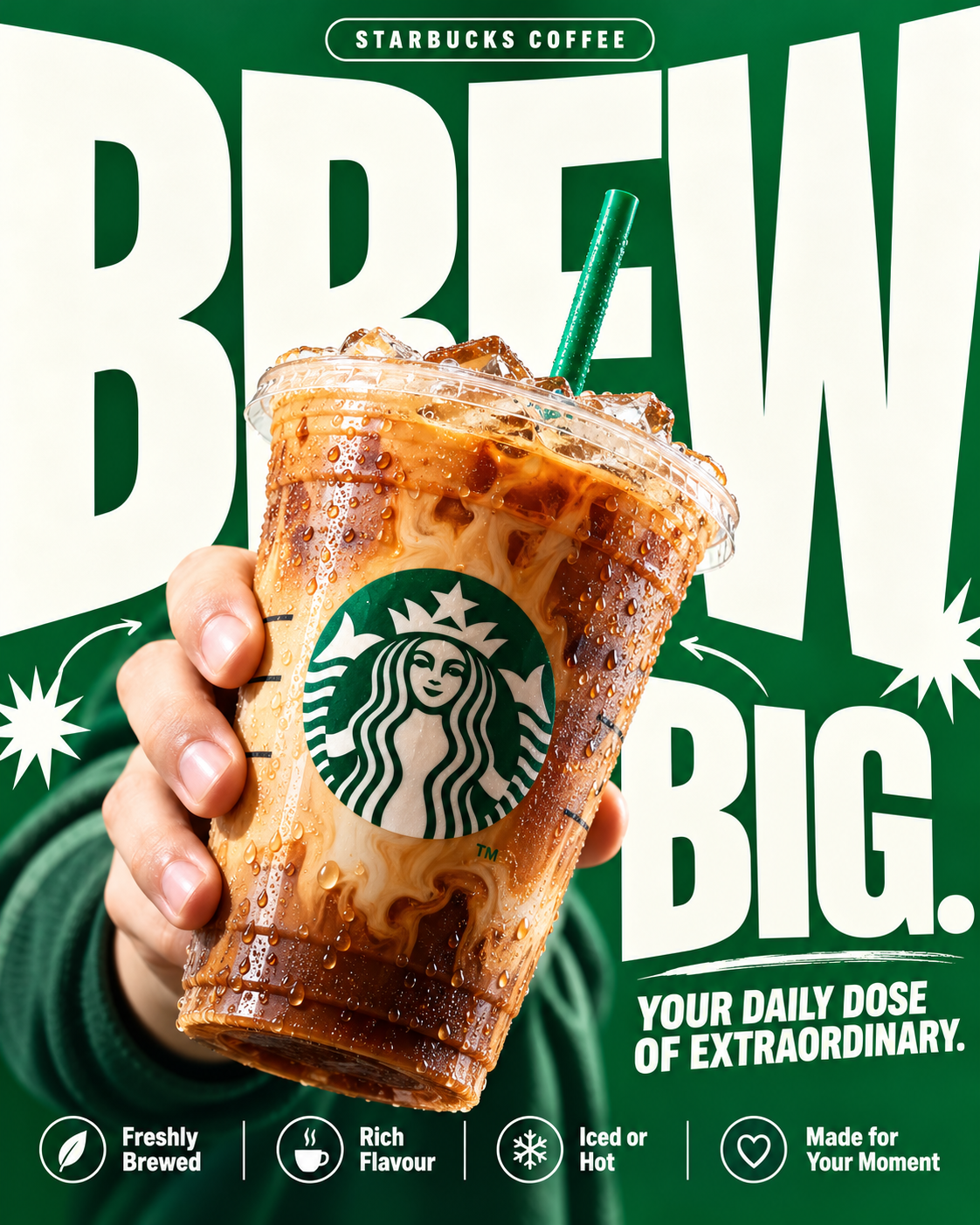 星巴克BREW BIG巨型排版冰饮广告海报 — AI image creation