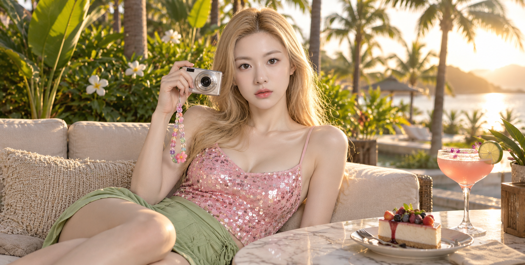 热带黄昏度假的金发女子 — AI image creation