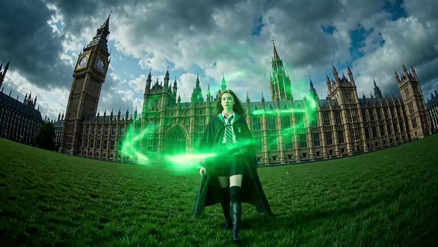 Red and Green Wand Duel at the Broken Gothic Castle