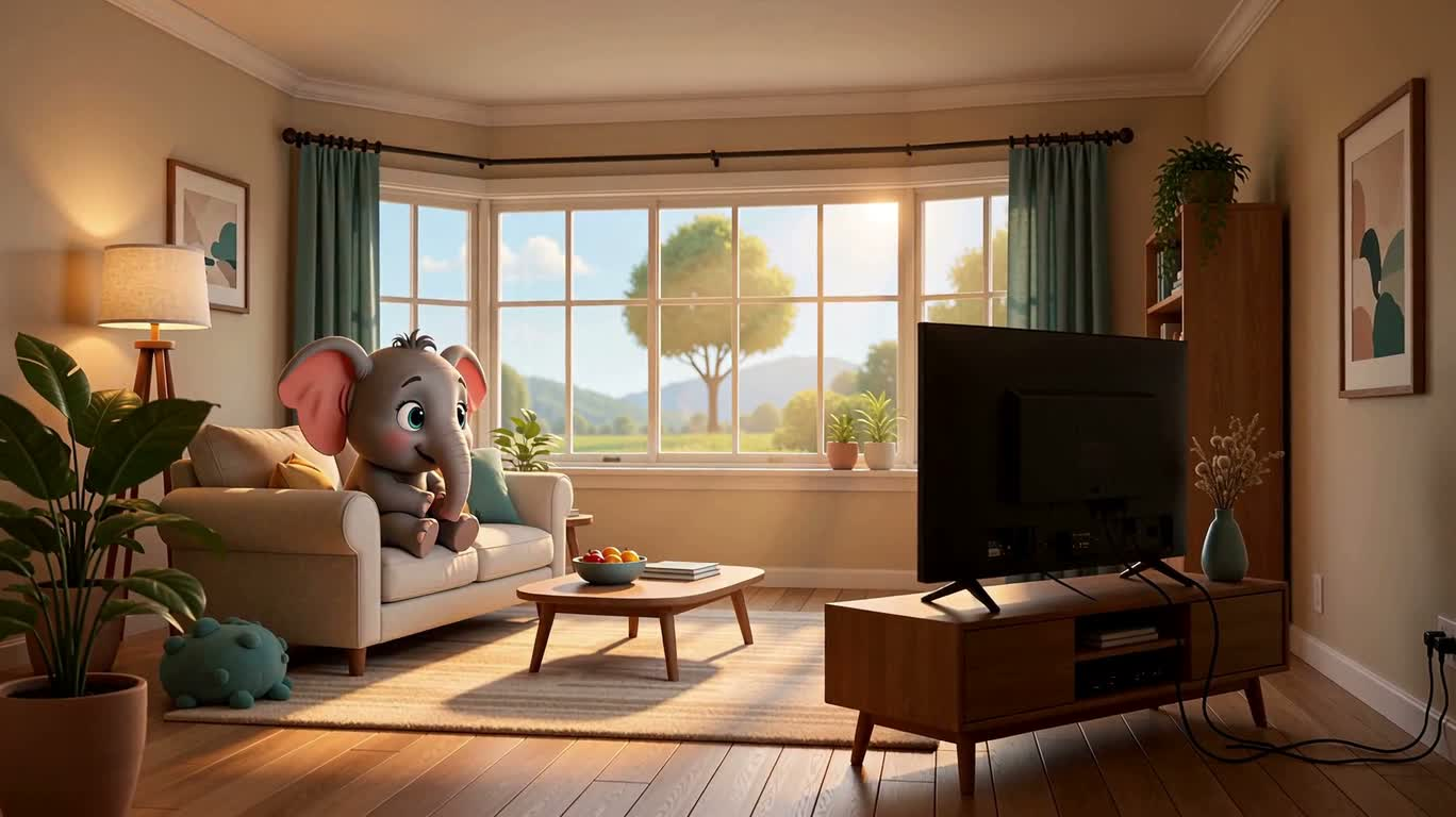 Chú voi nhỏ xem tivi trên ghế sofa