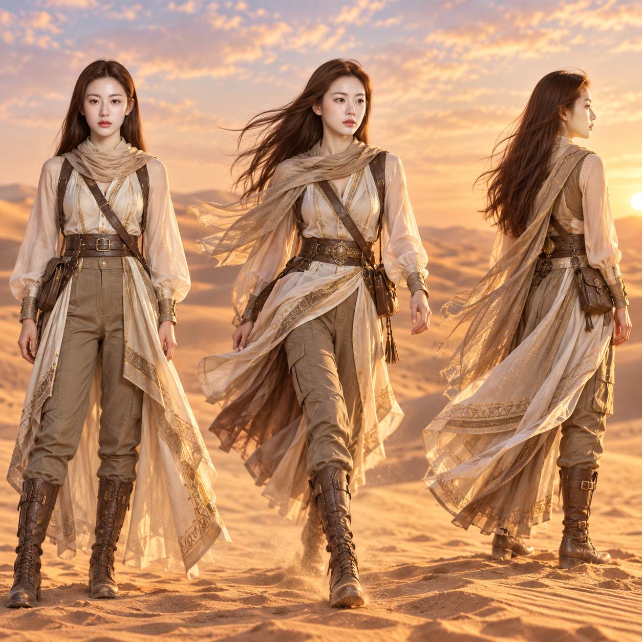 金色沙丘上的成年女性冒险家时装设计板 — AI image creation